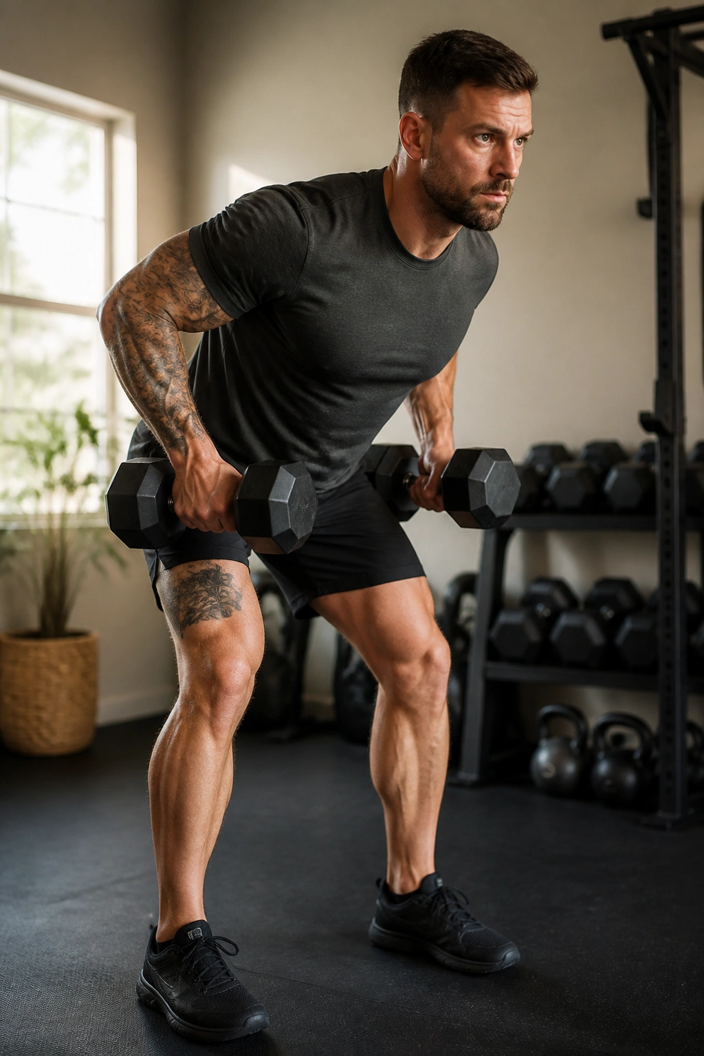 Medium close-up of a person performing a dumbbell HIIT complex at home