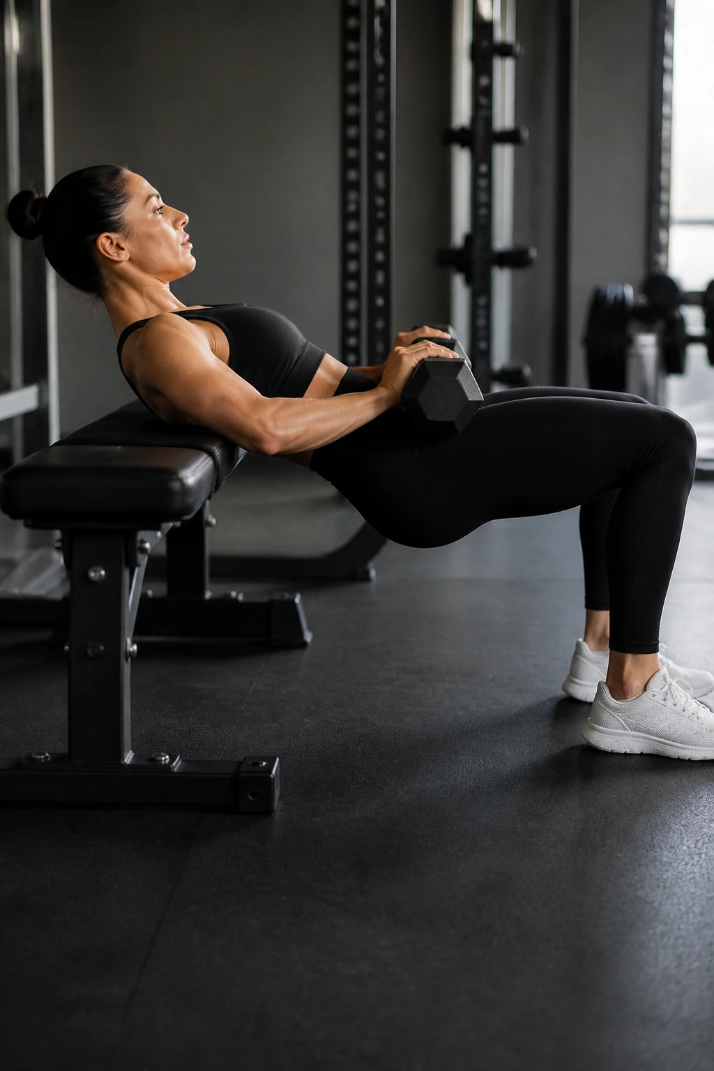 Side-view close-up of a person doing a dumbbell hip thrust on a bench