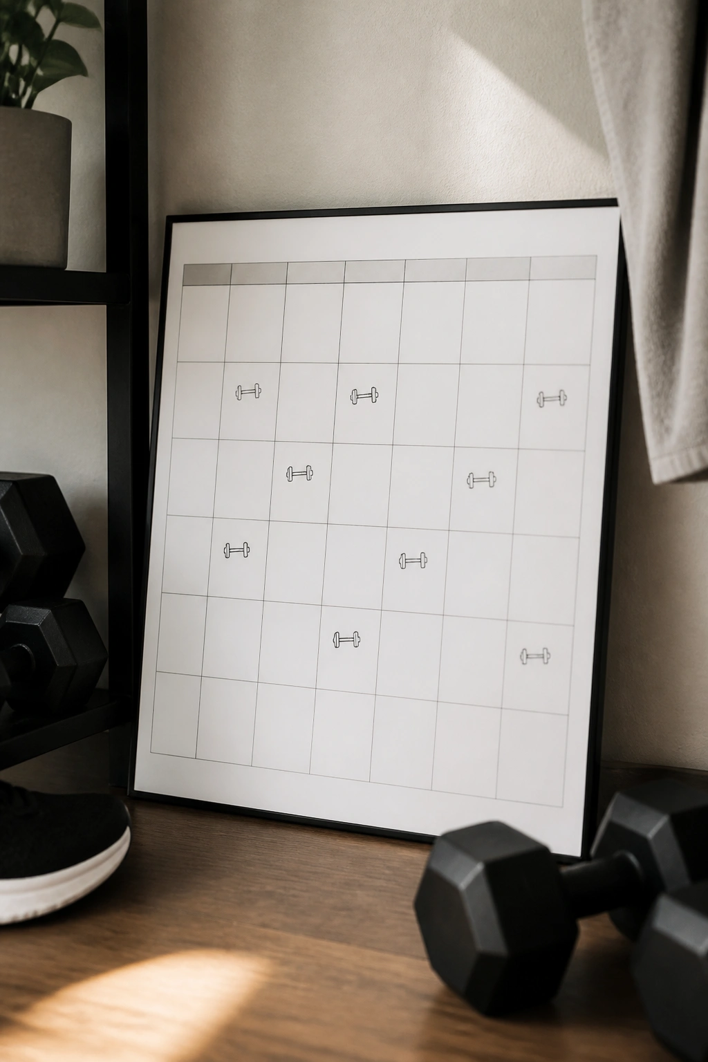 Compact calendar grid suggesting dumbbell workouts in a small space