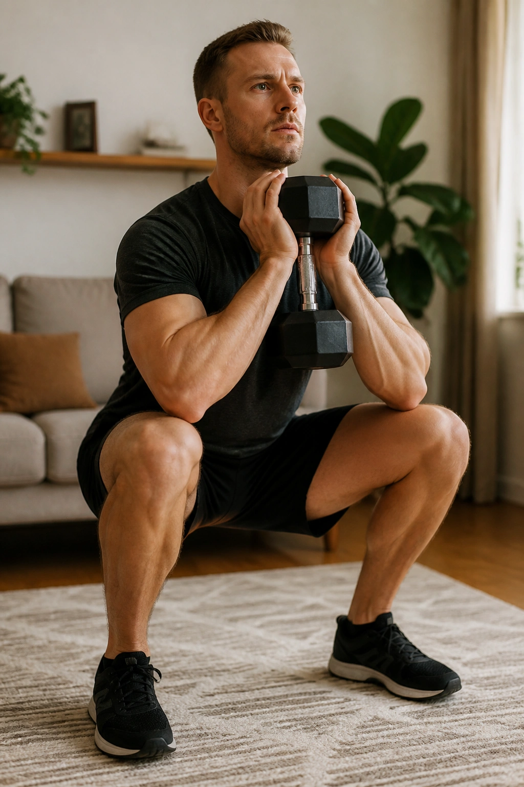 Close-up of lifter performing goblet squat at home