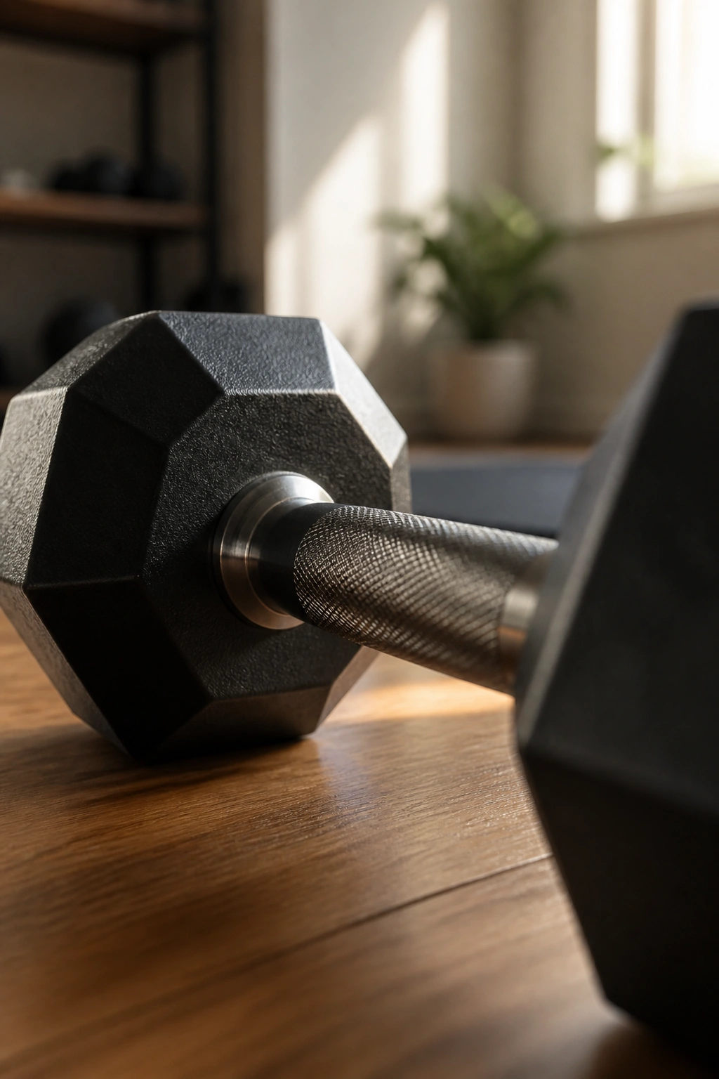 Close-up of a dumbbell in a sunlit home gym corner.