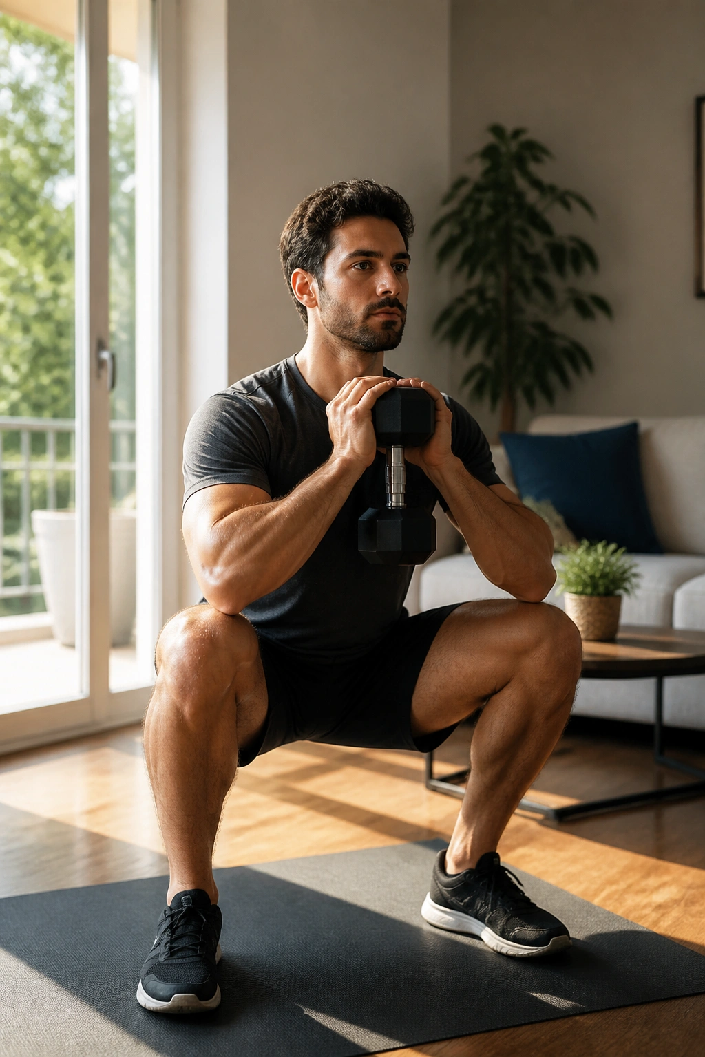 Person performing goblet squat with dumbbell at home