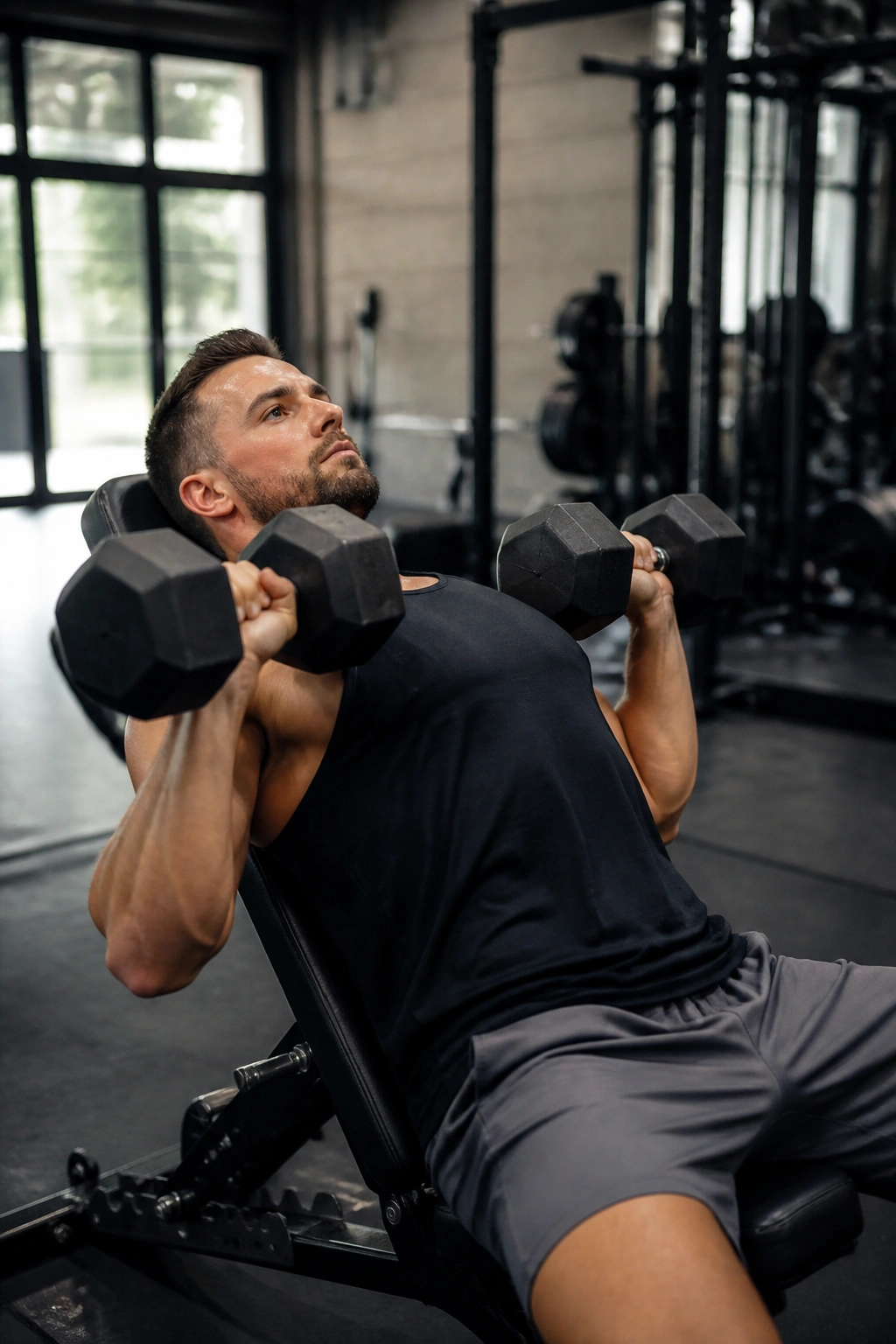 Close-up of person performing incline dumbbell press in gym