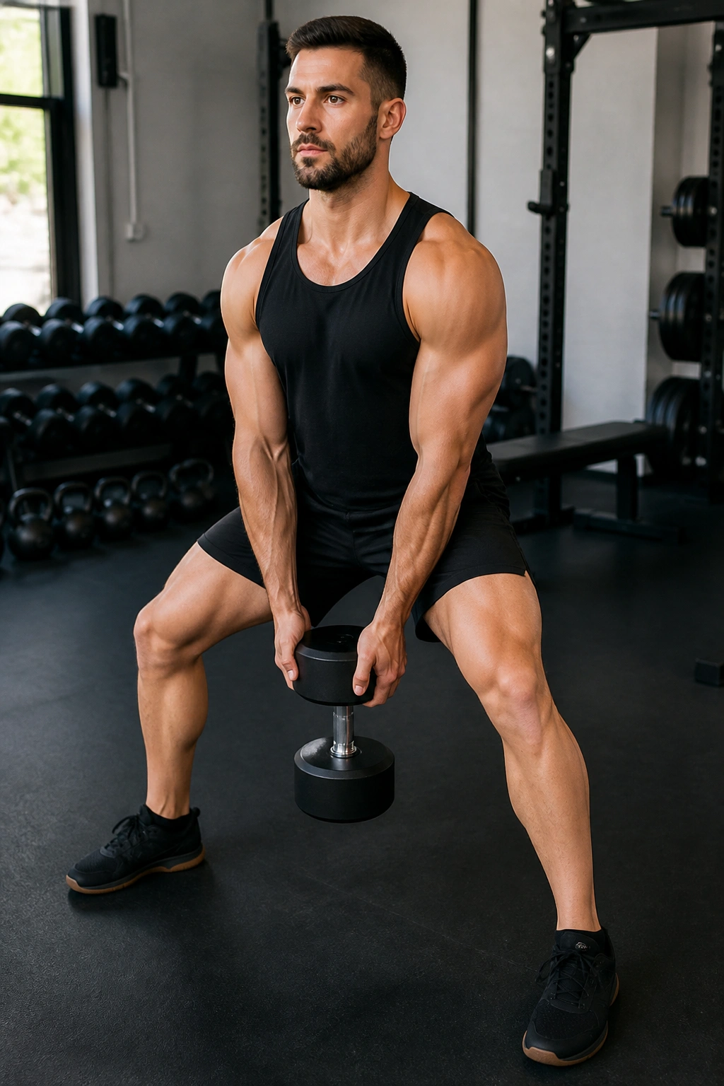 Person performing a dumbbell Jefferson squat with weight between legs in a gym