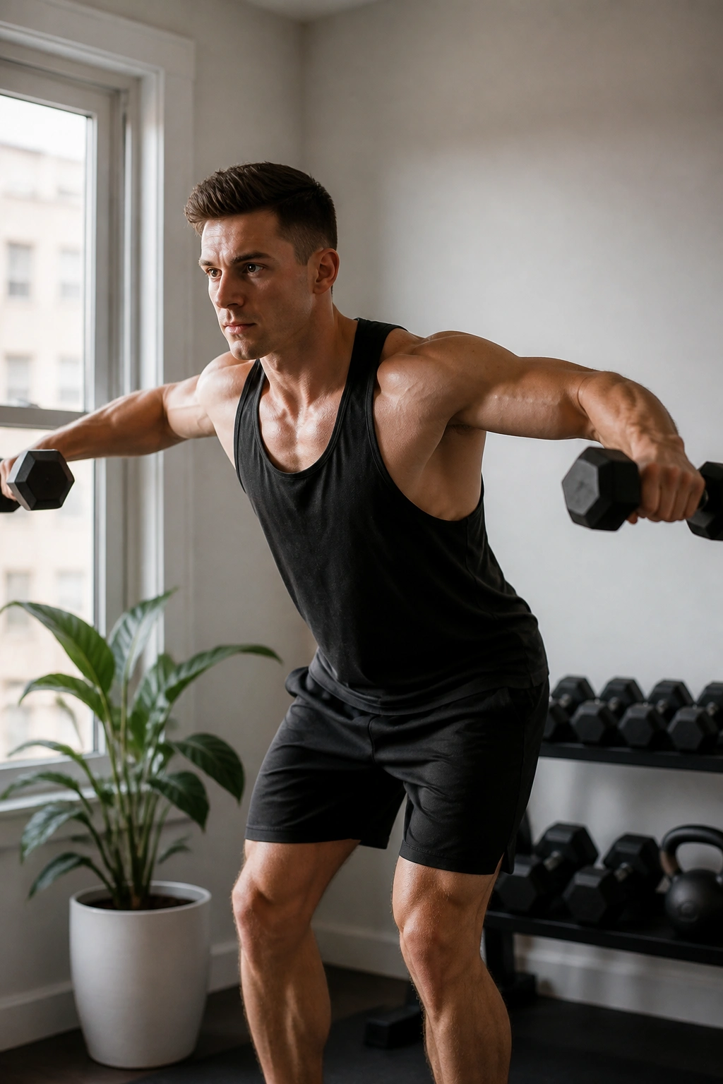 Portrait of a person performing a dumbbell lateral raise to emphasize side delts.