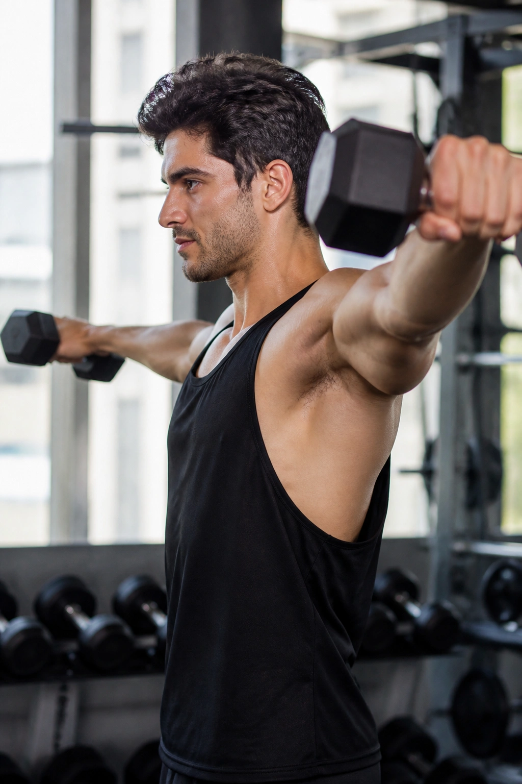 Lifter performing dumbbell lateral raise in gym