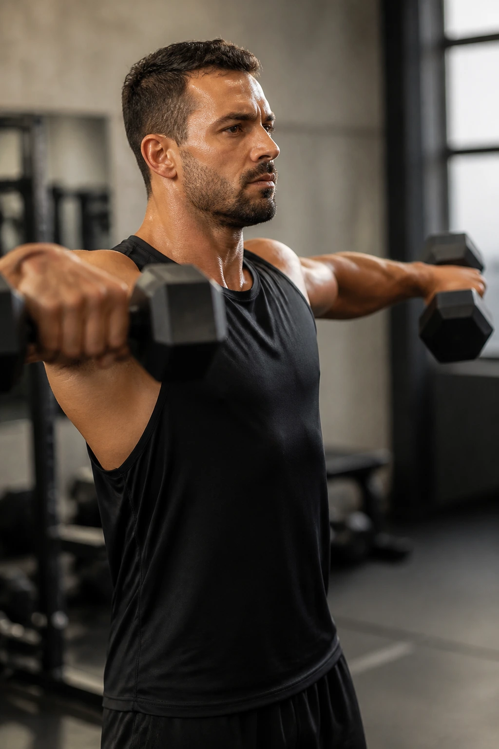 Close-up of a person performing a dumbbell lateral raise in a gym.