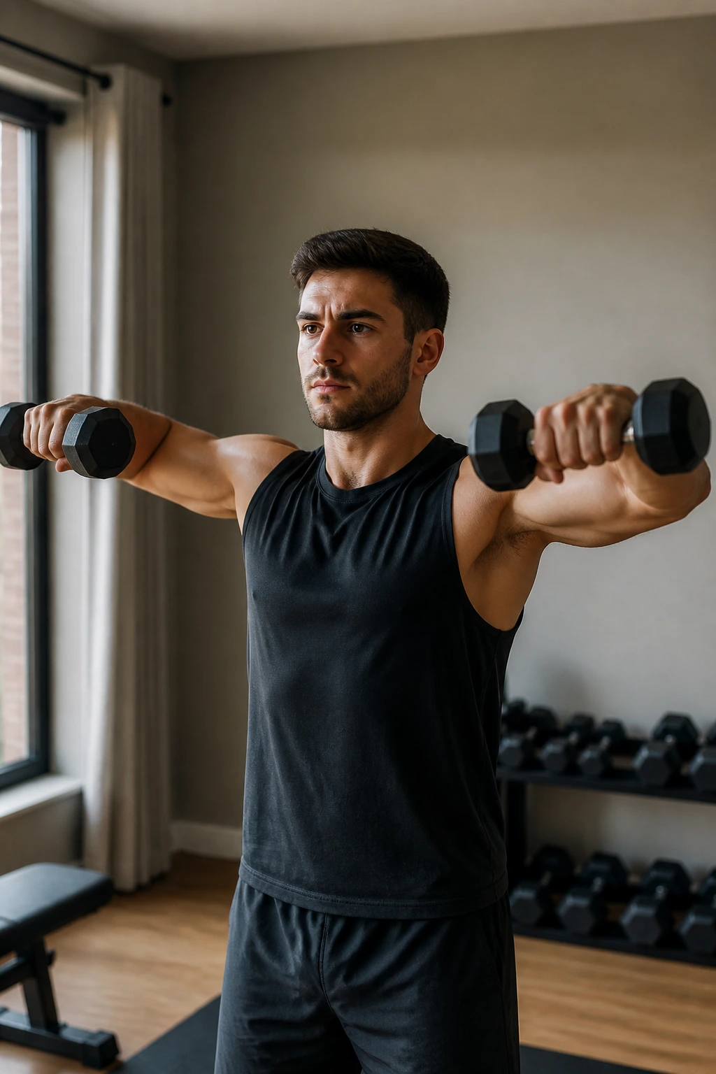 Close-up of a real person performing a dumbbell lateral raise in a home gym