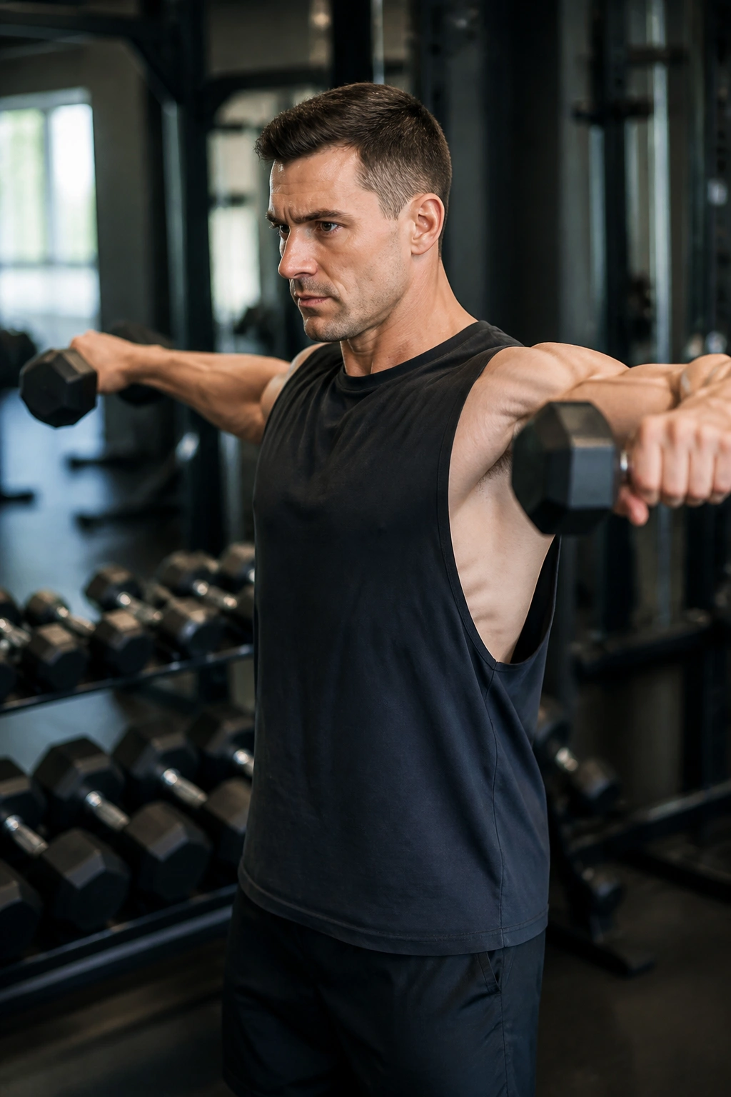 Close-up of a real person performing a dumbbell lateral raise to target side delts in a gym