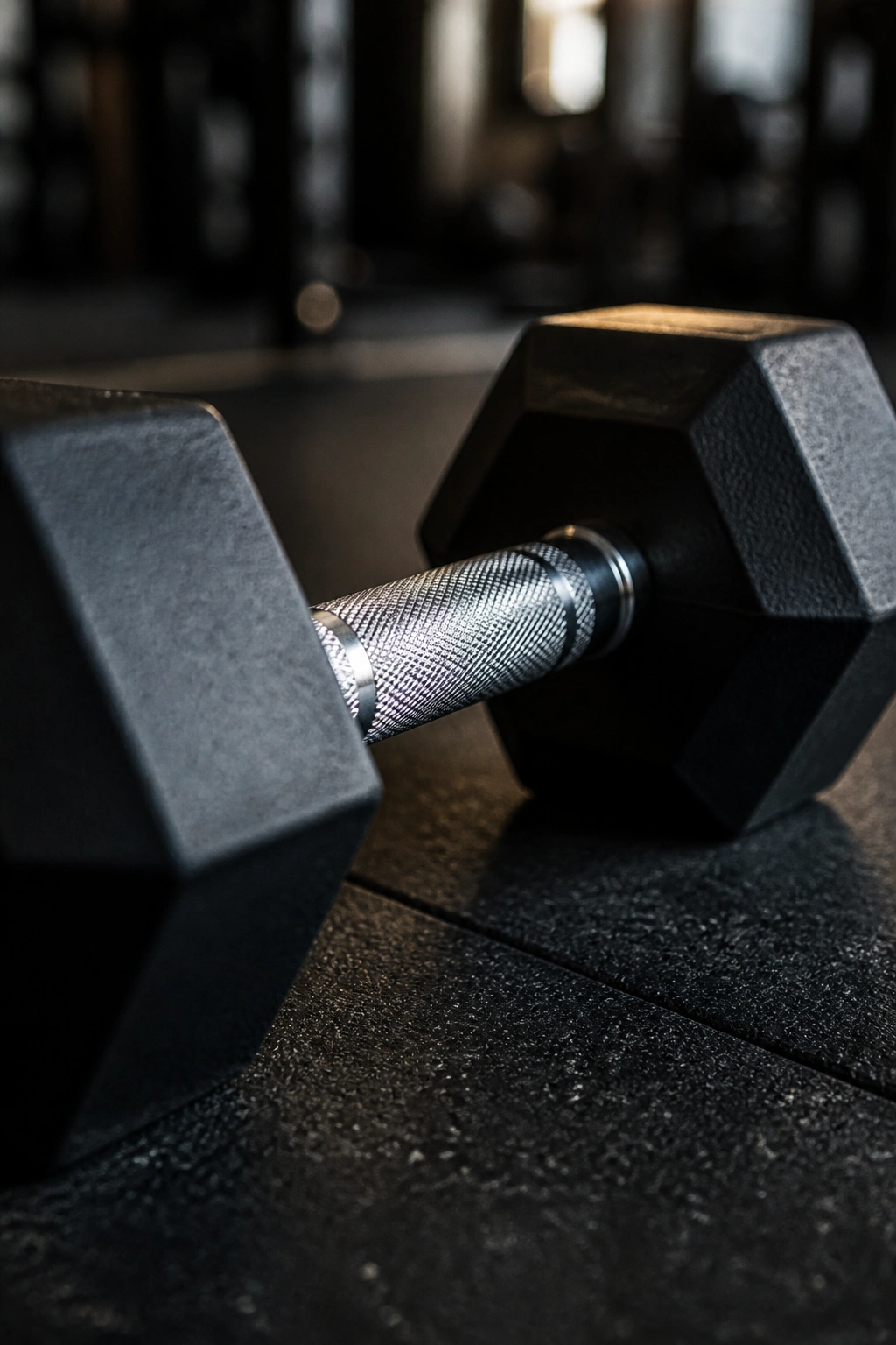 Close-up of a dumbbell on a gym floor for leg-day focus.