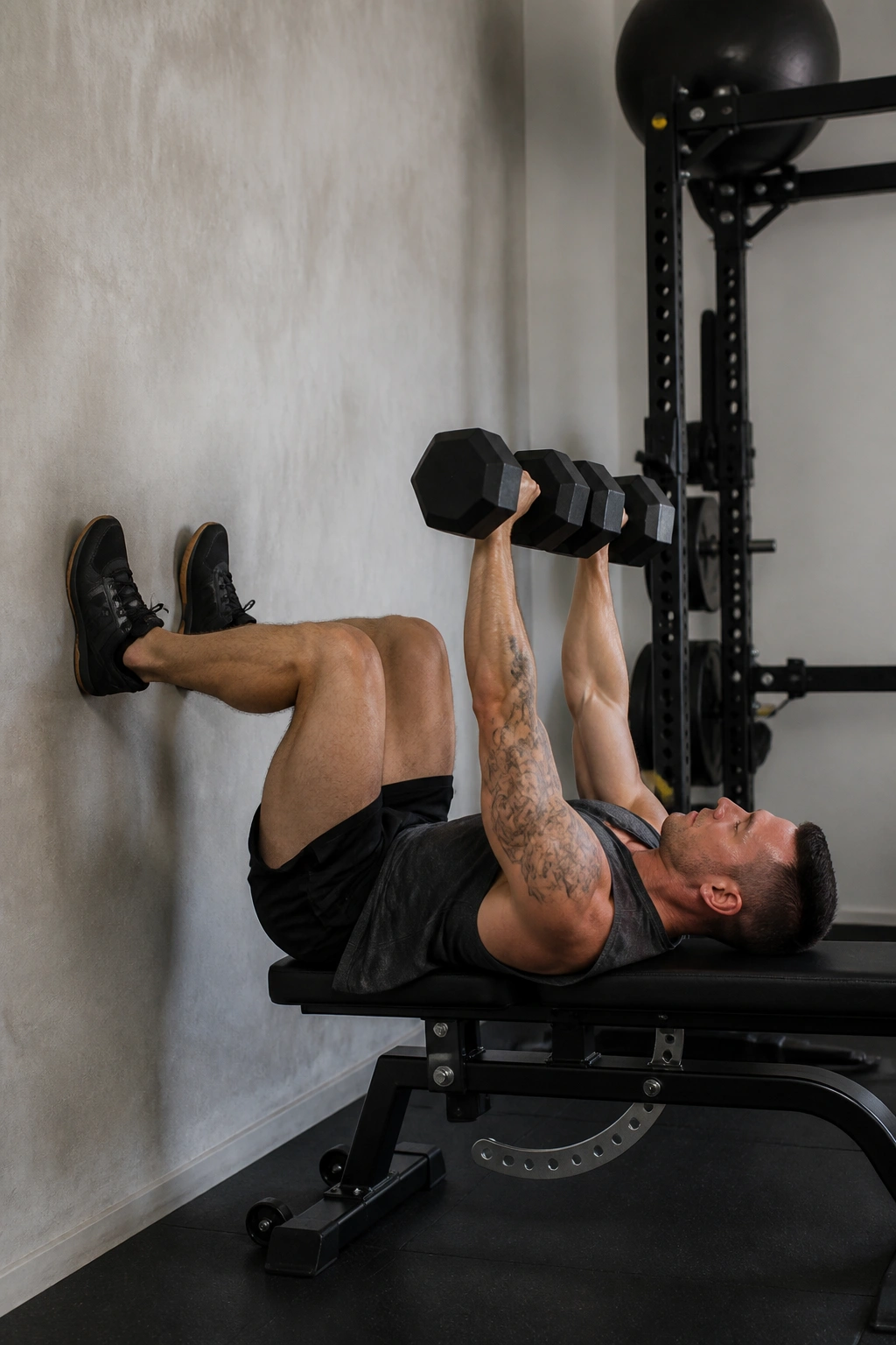 Person lying on bench with feet on wall pressing heavy dumbbells overhead