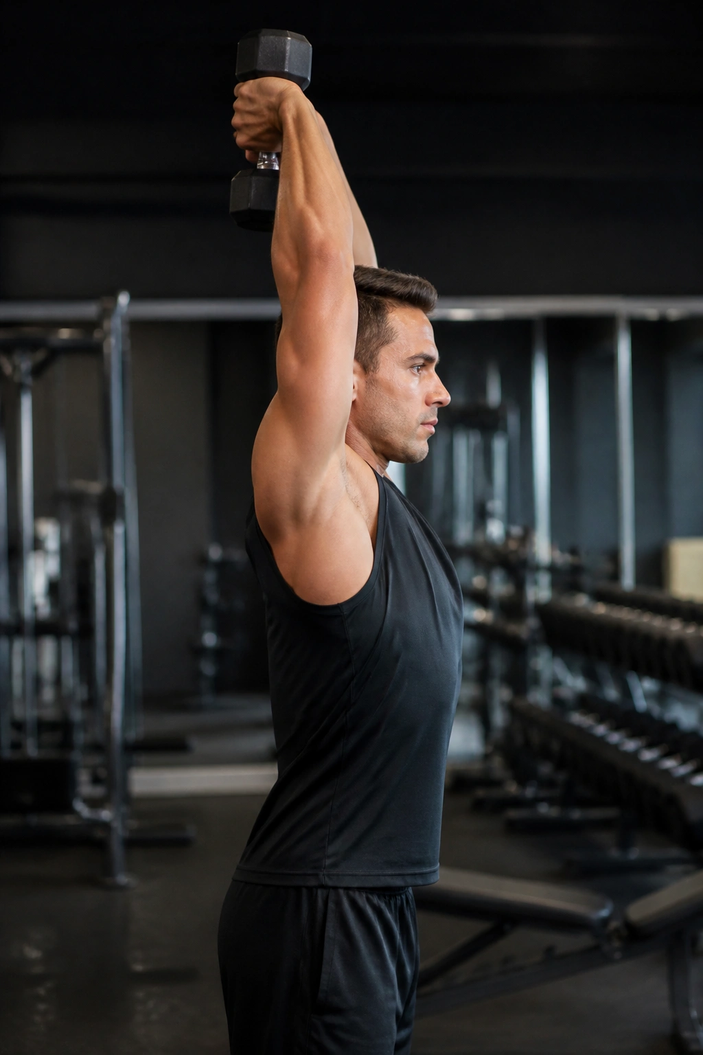 Side-profile view of overhead triceps extension with dumbbell in gym