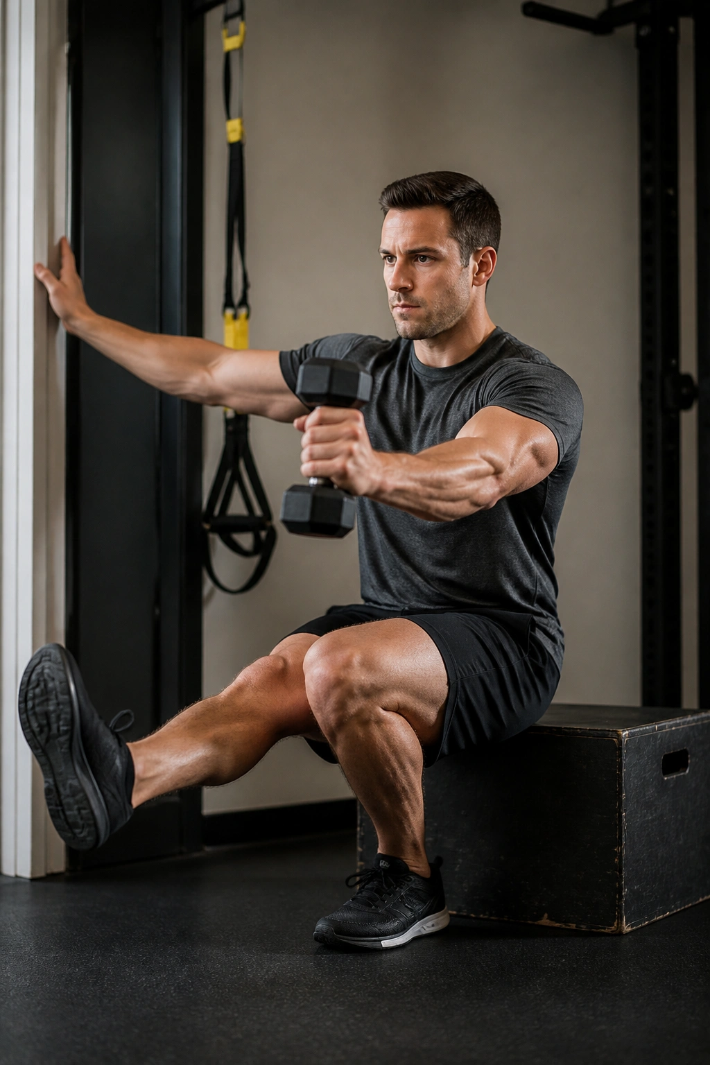 Person practicing pistol squat progression with counterweight in gym