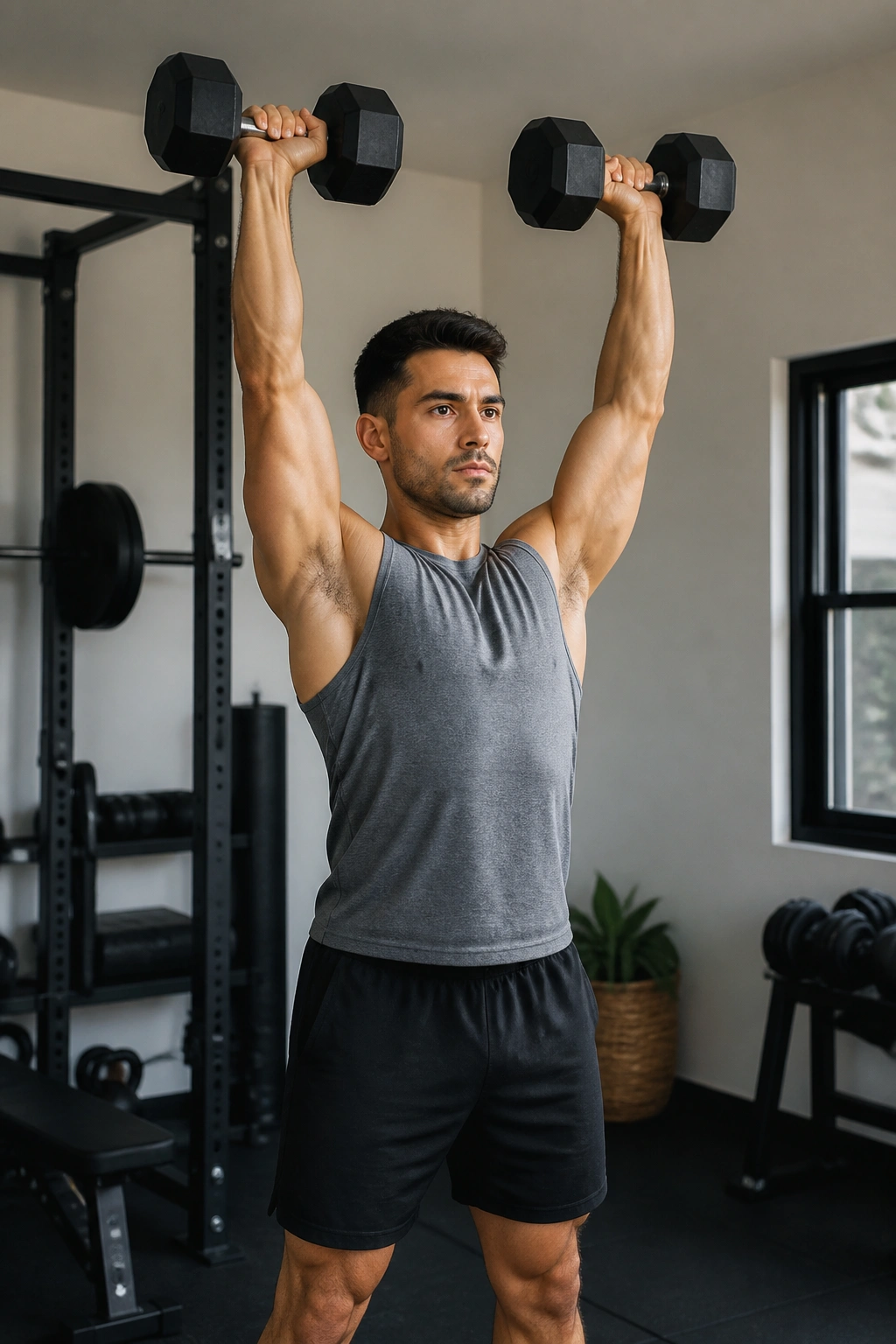 Person performing standing dumbbell shoulder press in a small home gym