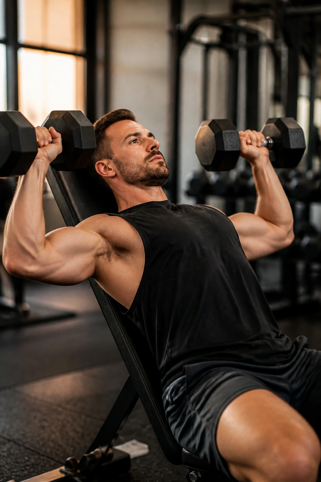 Portrait of person performing incline dumbbell press in gym