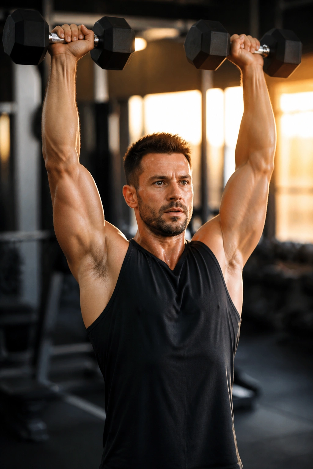 Close-up of a person performing a standing dumbbell overhead press in a gym, shoulder engagement visible.