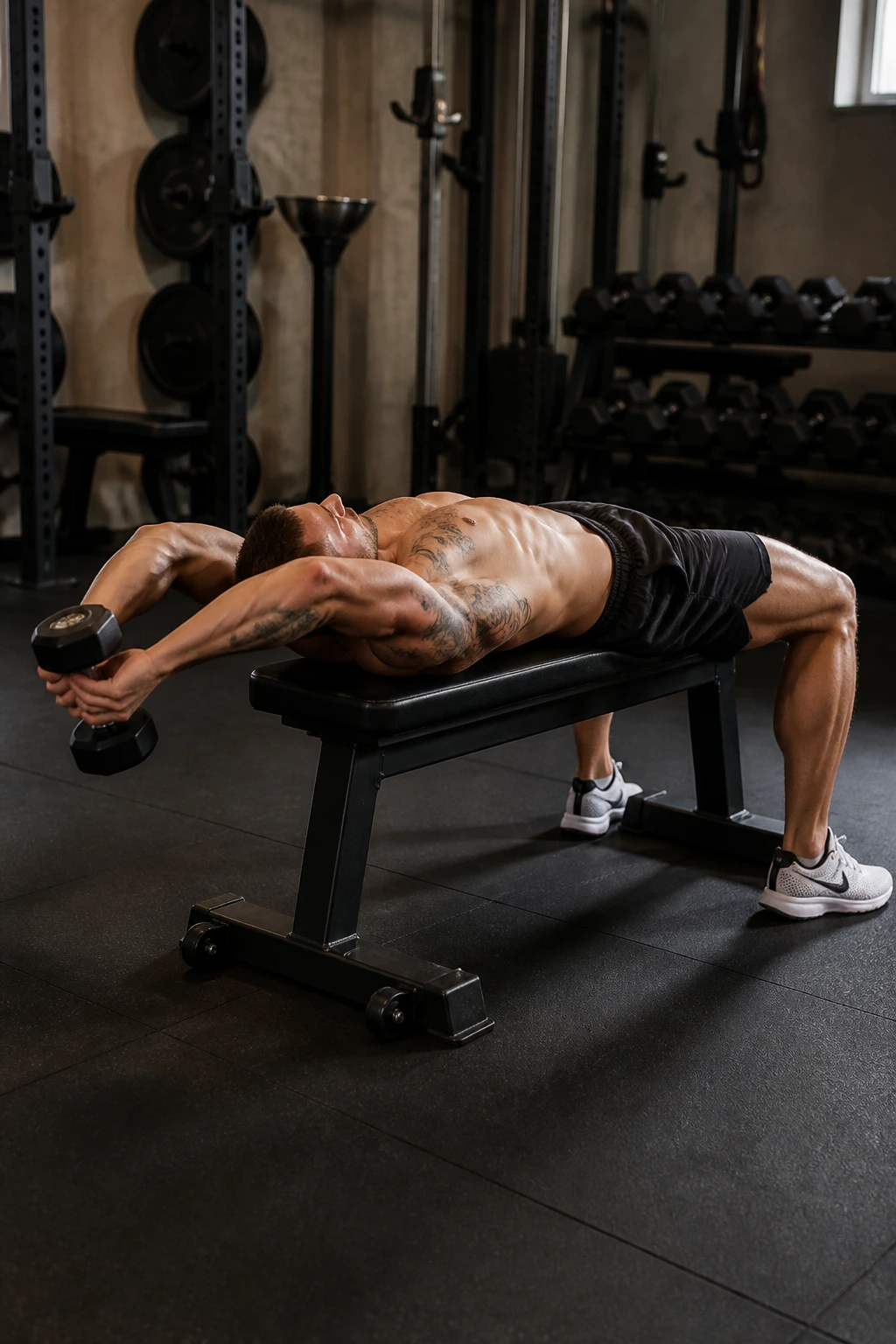 Lifter performing dumbbell pullover on bench emphasizing lats