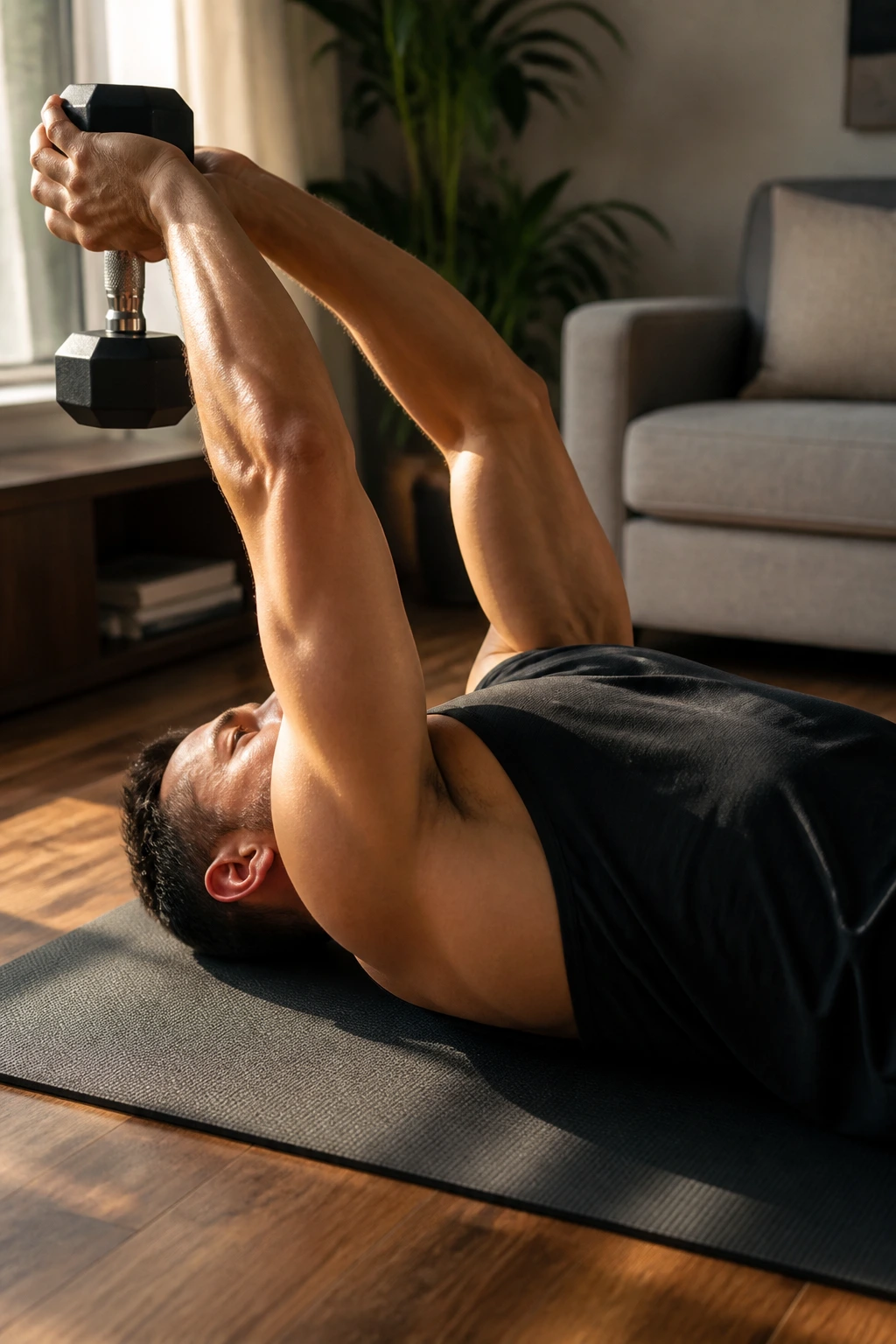 Close-up of a person performing a dumbbell pullover on a floor mat, lowering a dumbbell behind the head
