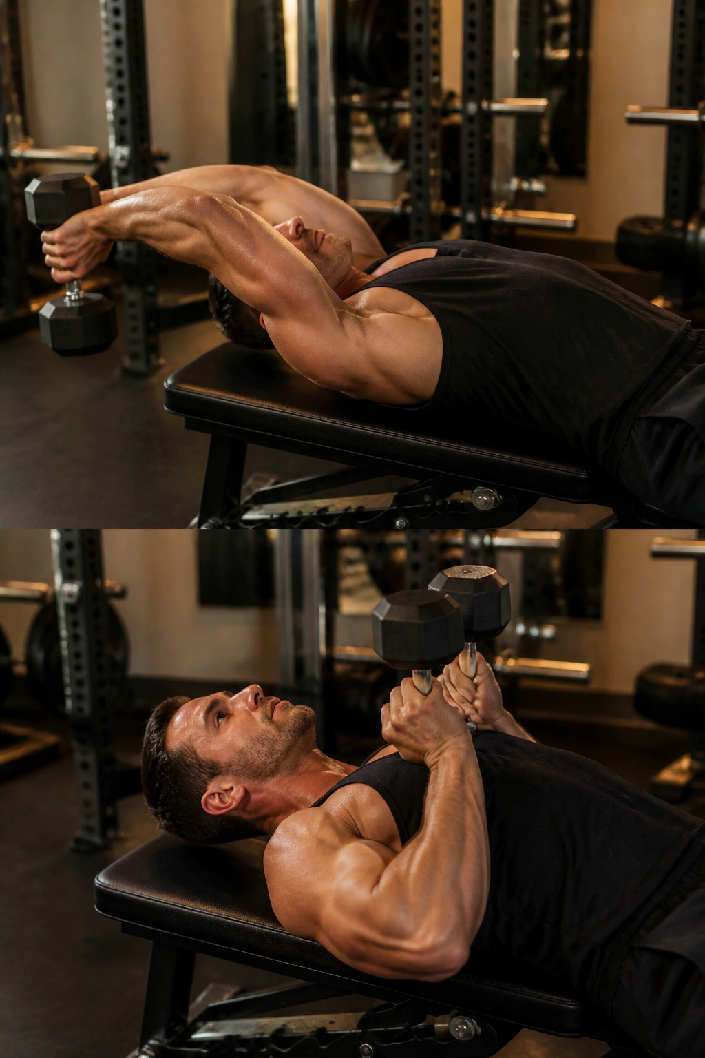 Medium close-up of a lifter on a bench performing pullover with squeeze press setup nearby