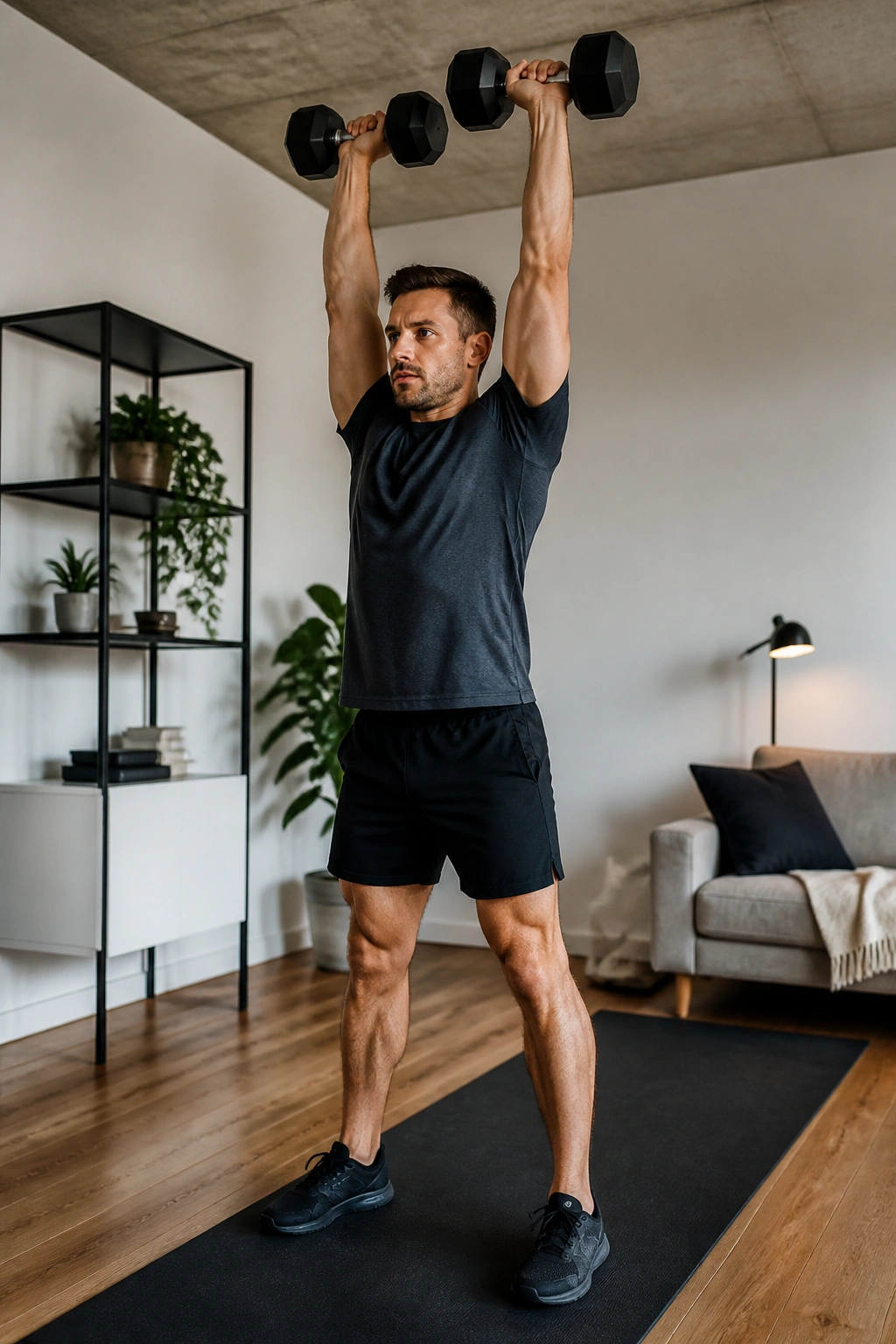 Close-to-mid shot of someone performing a dumbbell push press at home