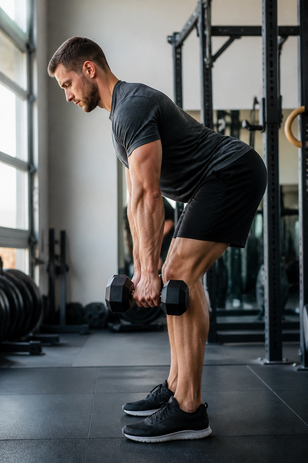 Side view of a person performing a dumbbell Romanian deadlift with hip hinge.