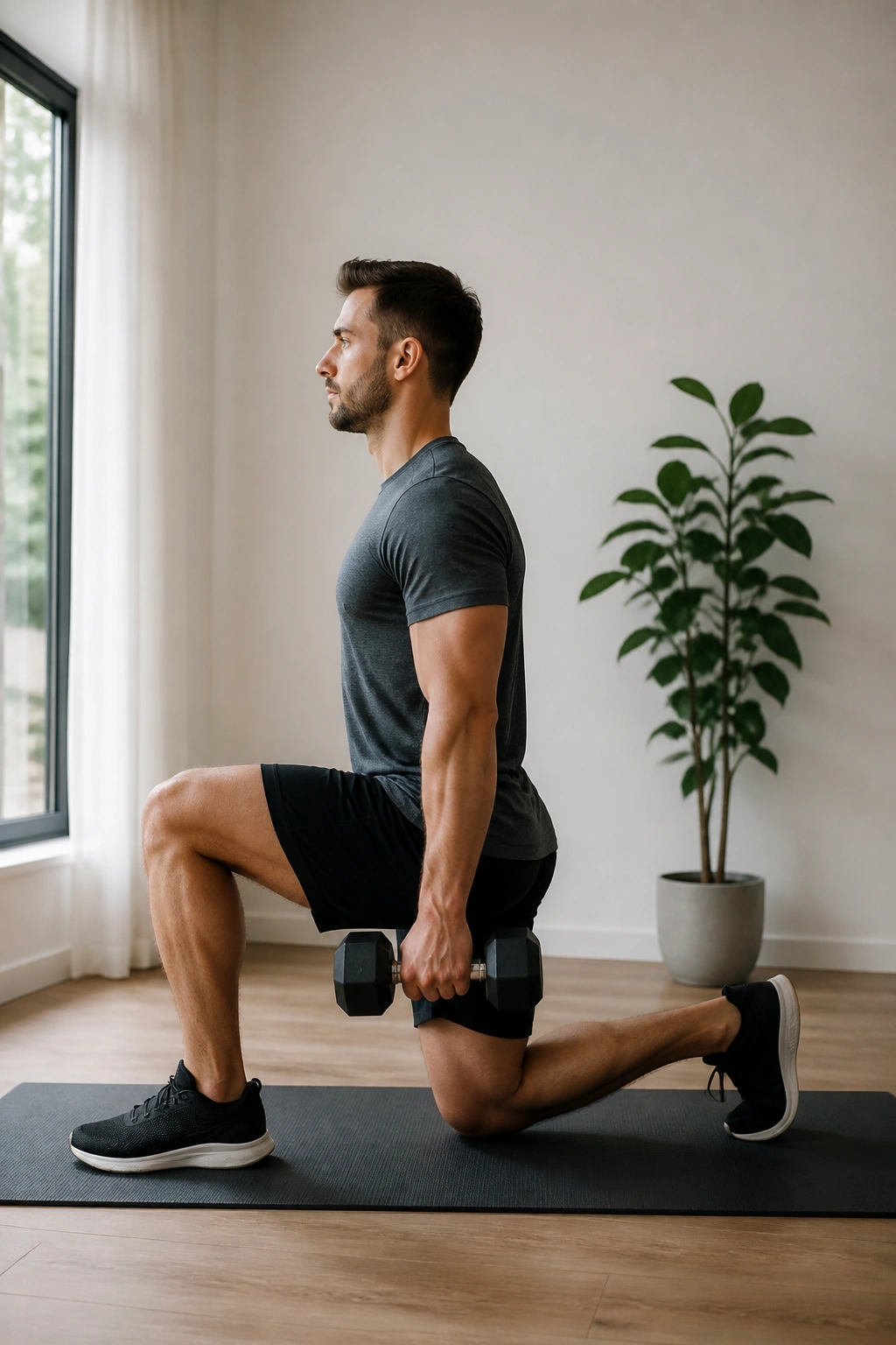 Side profile of a person performing a dumbbell reverse lunge at home