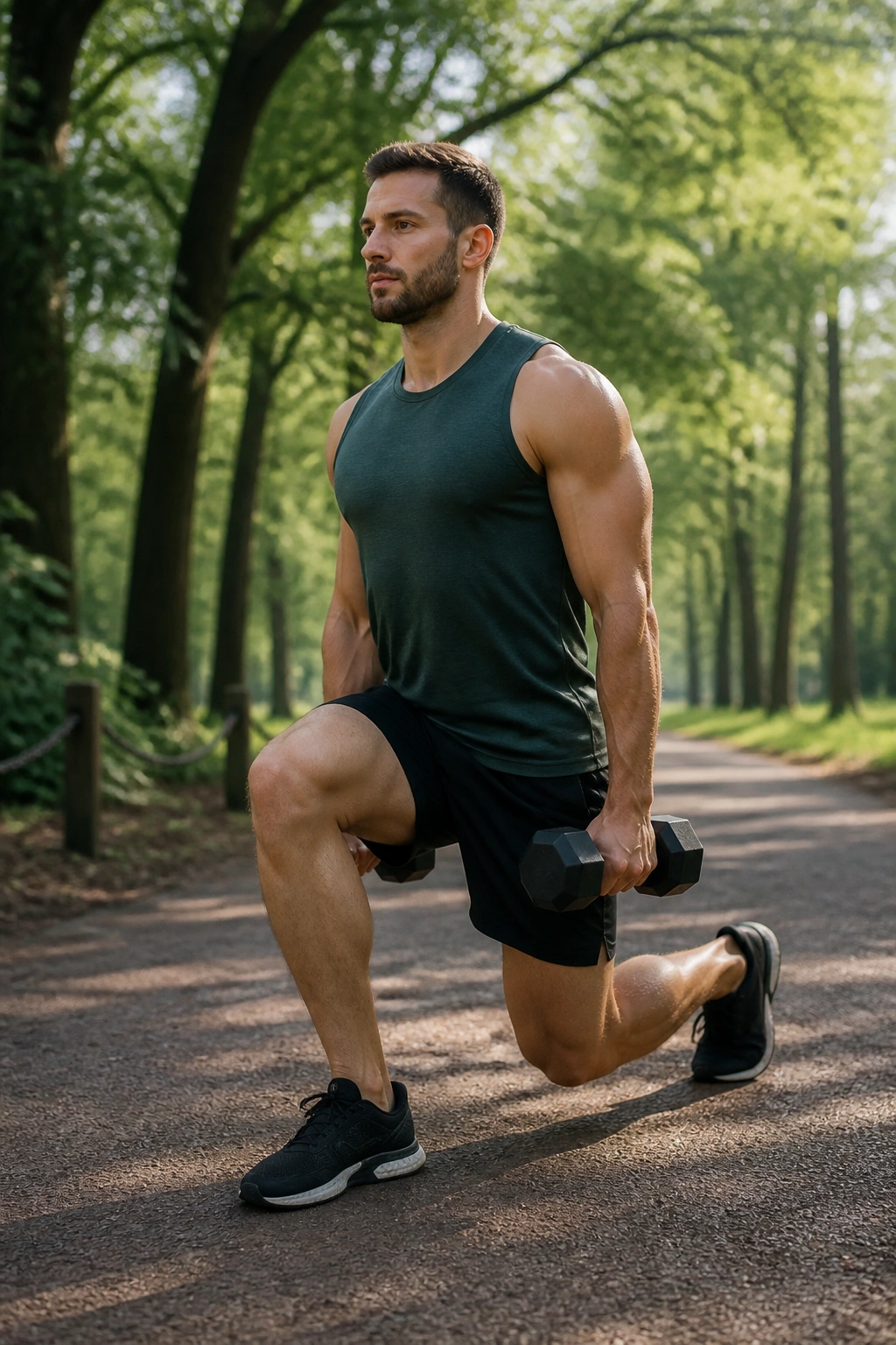 Real person performing a dumbbell reverse lunge in an outdoor park.