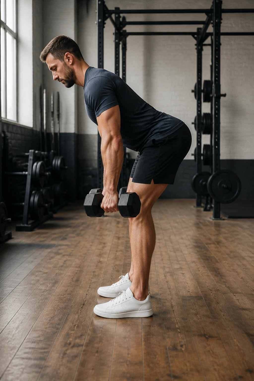 Side view of lifter performing a dumbbell Romanian deadlift in gym
