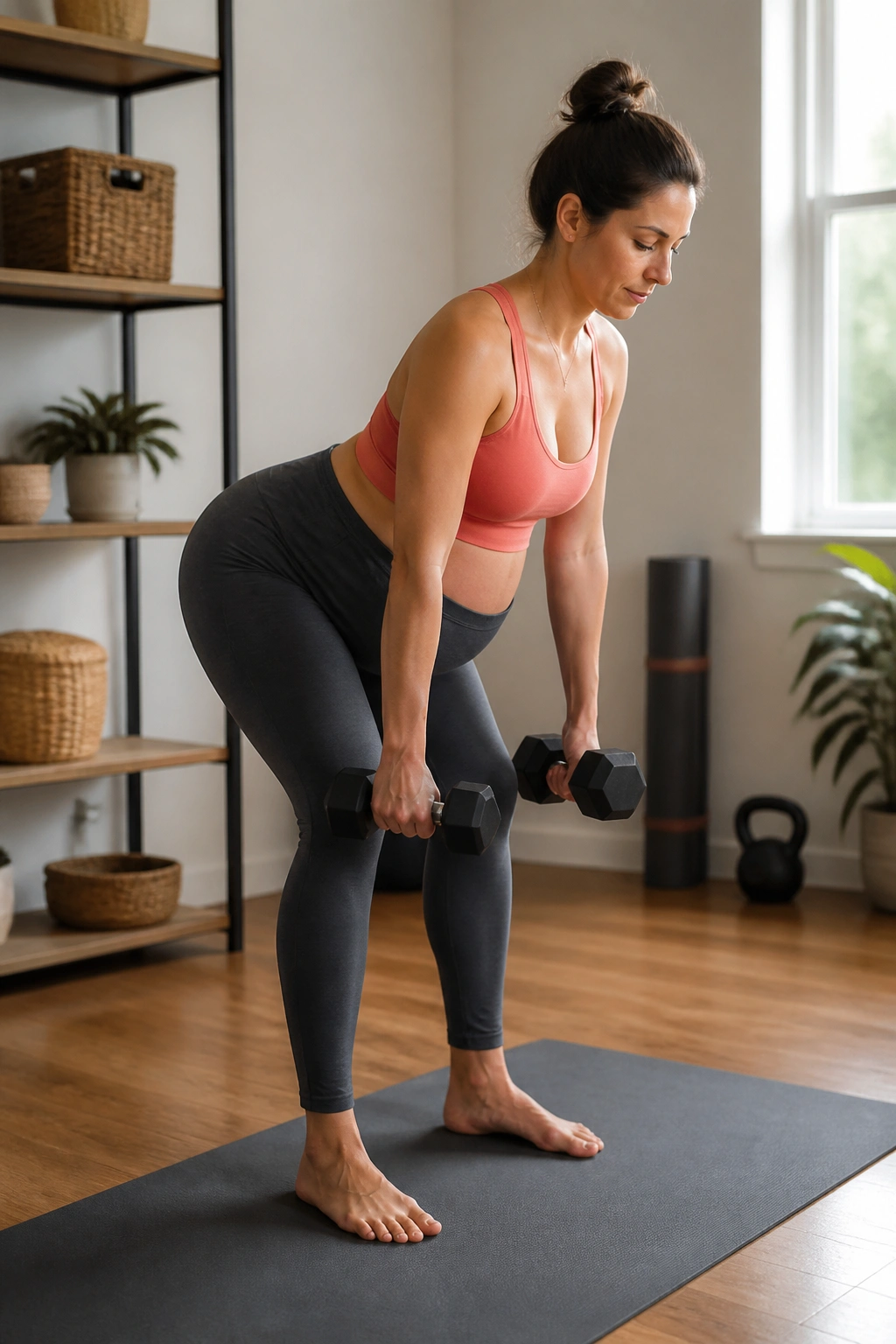 Person performing Dumbbell Romanian Deadlifts in a home gym