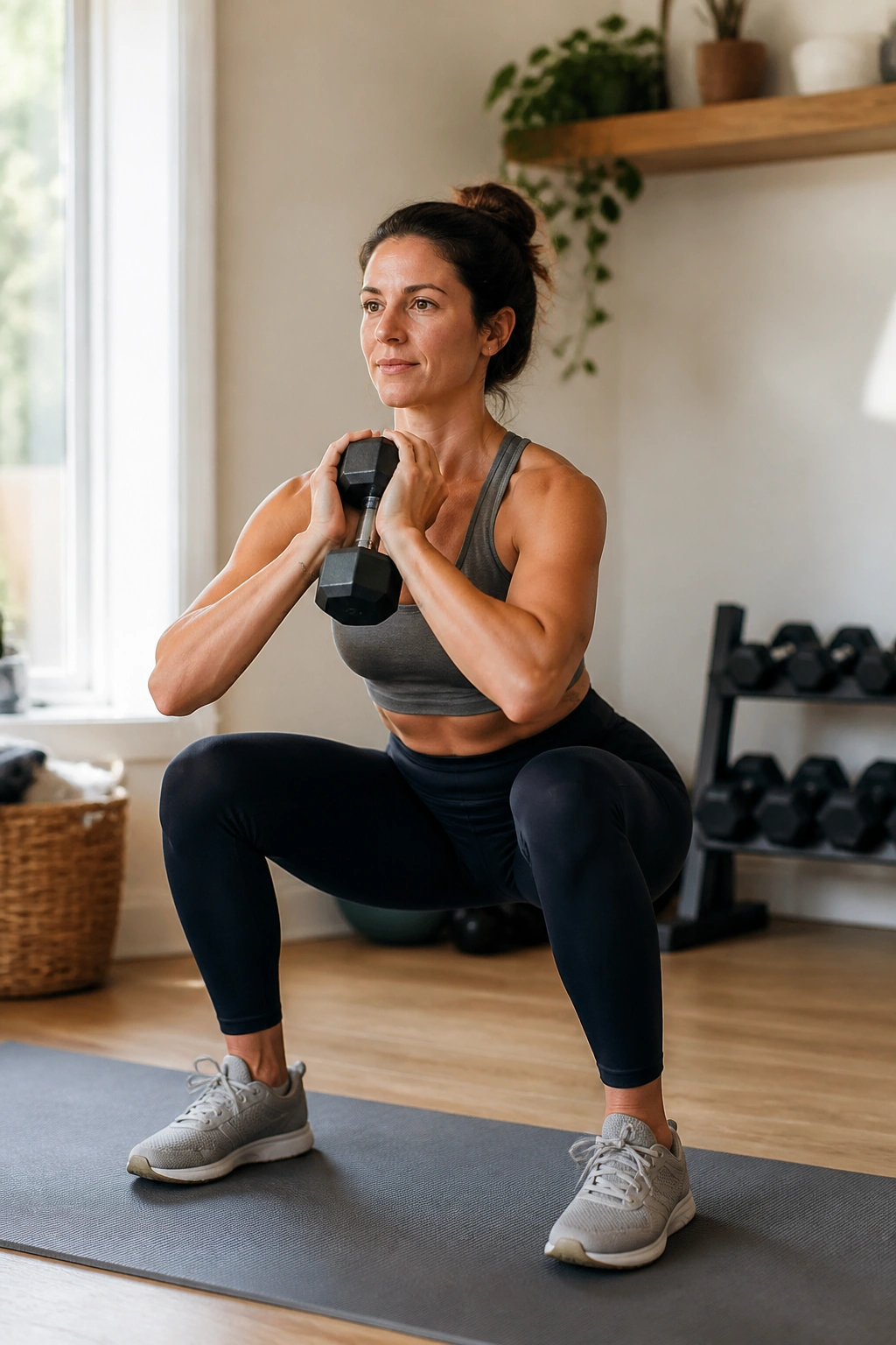 Woman doing goblet squat with dumbbell in a home gym.