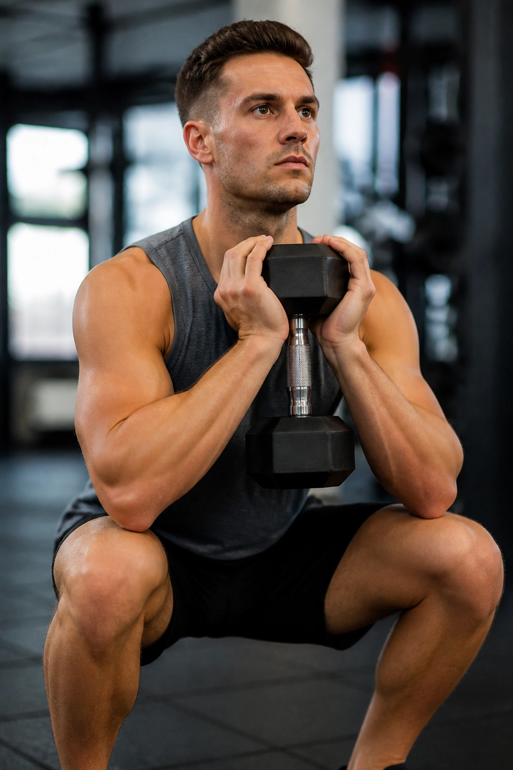 Goblet squat with dumbbell in gym