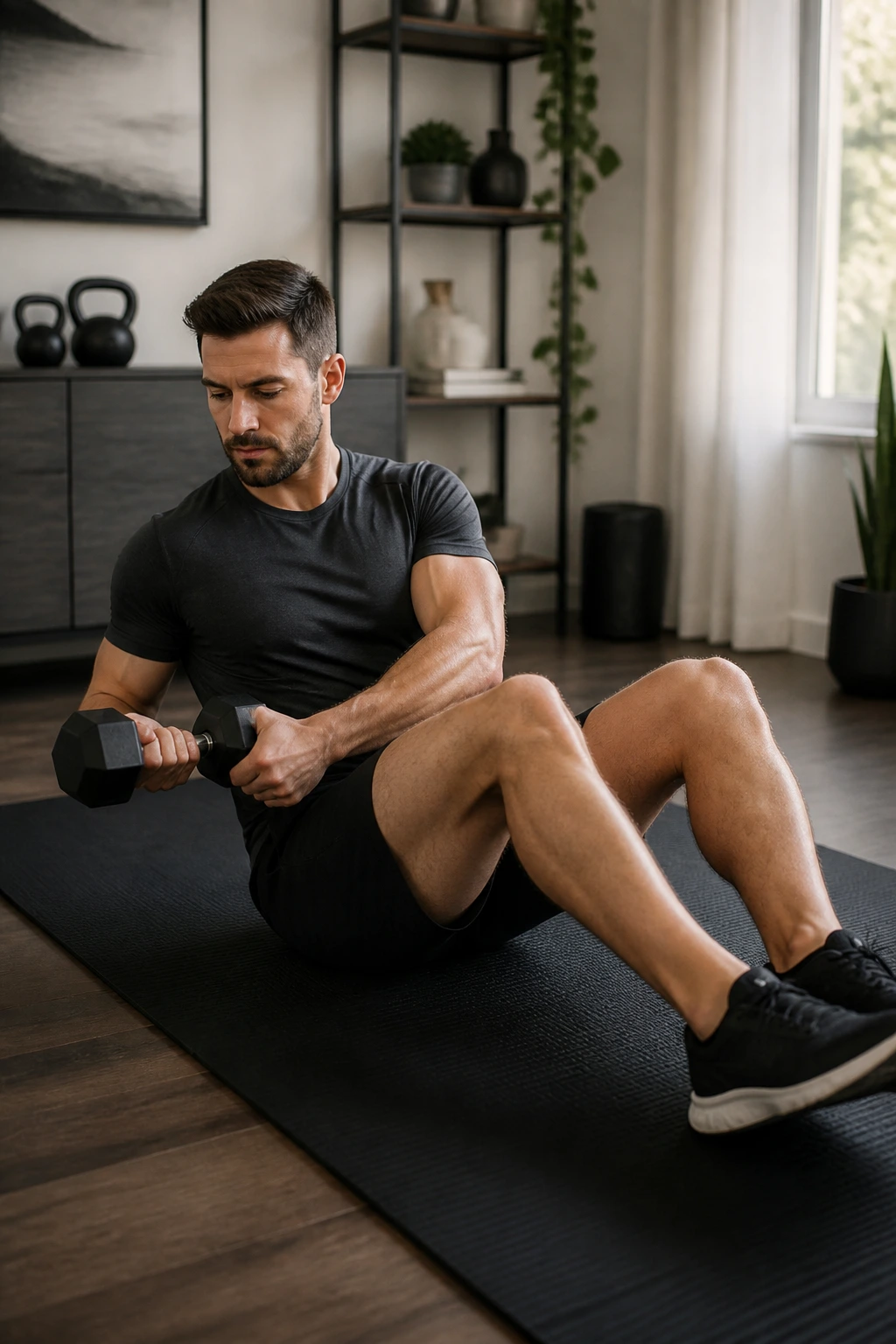 Person performing a dumbbell Russian twist on a mat