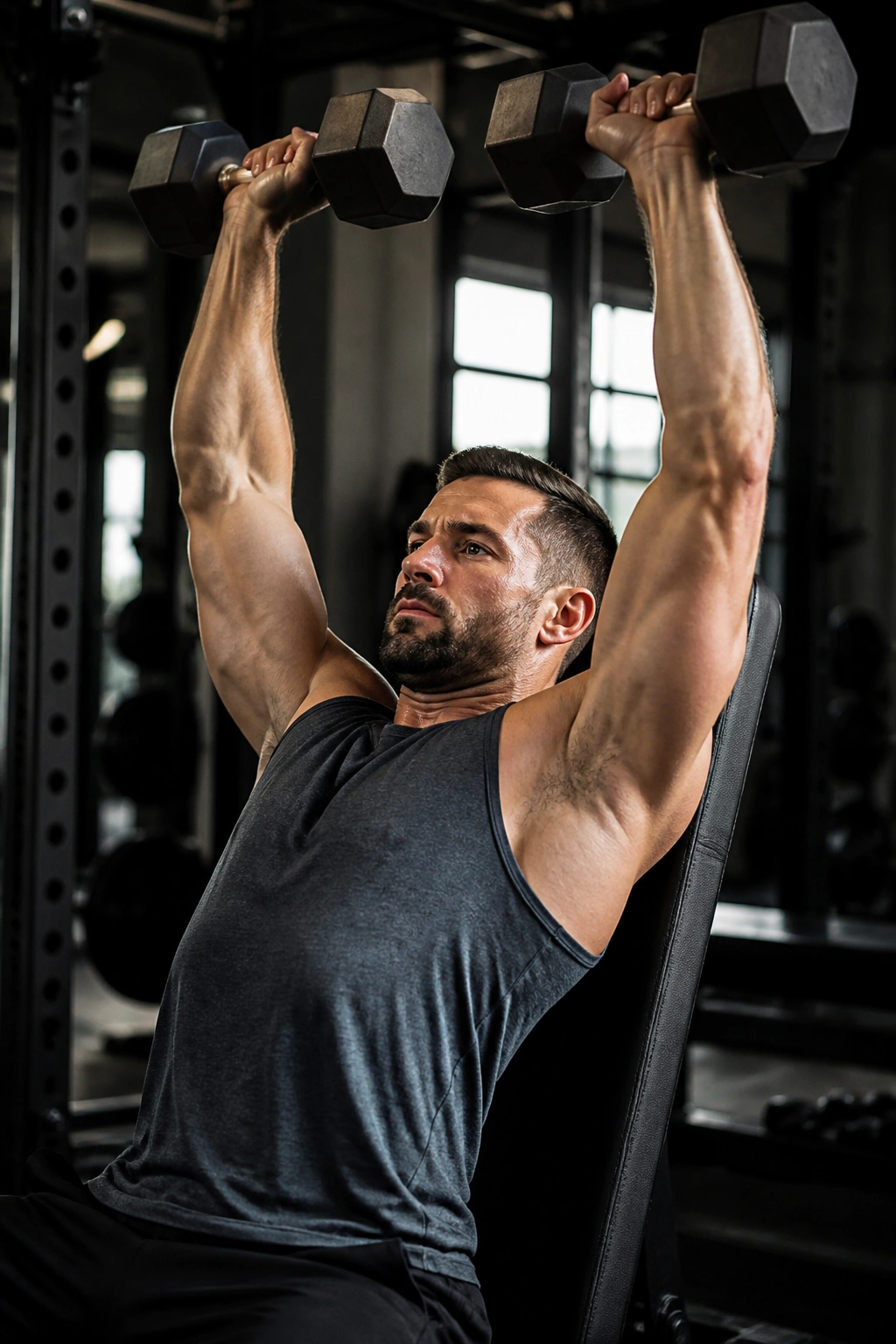 Athlete seated and pressing dumbbells overhead, deltoids engaged