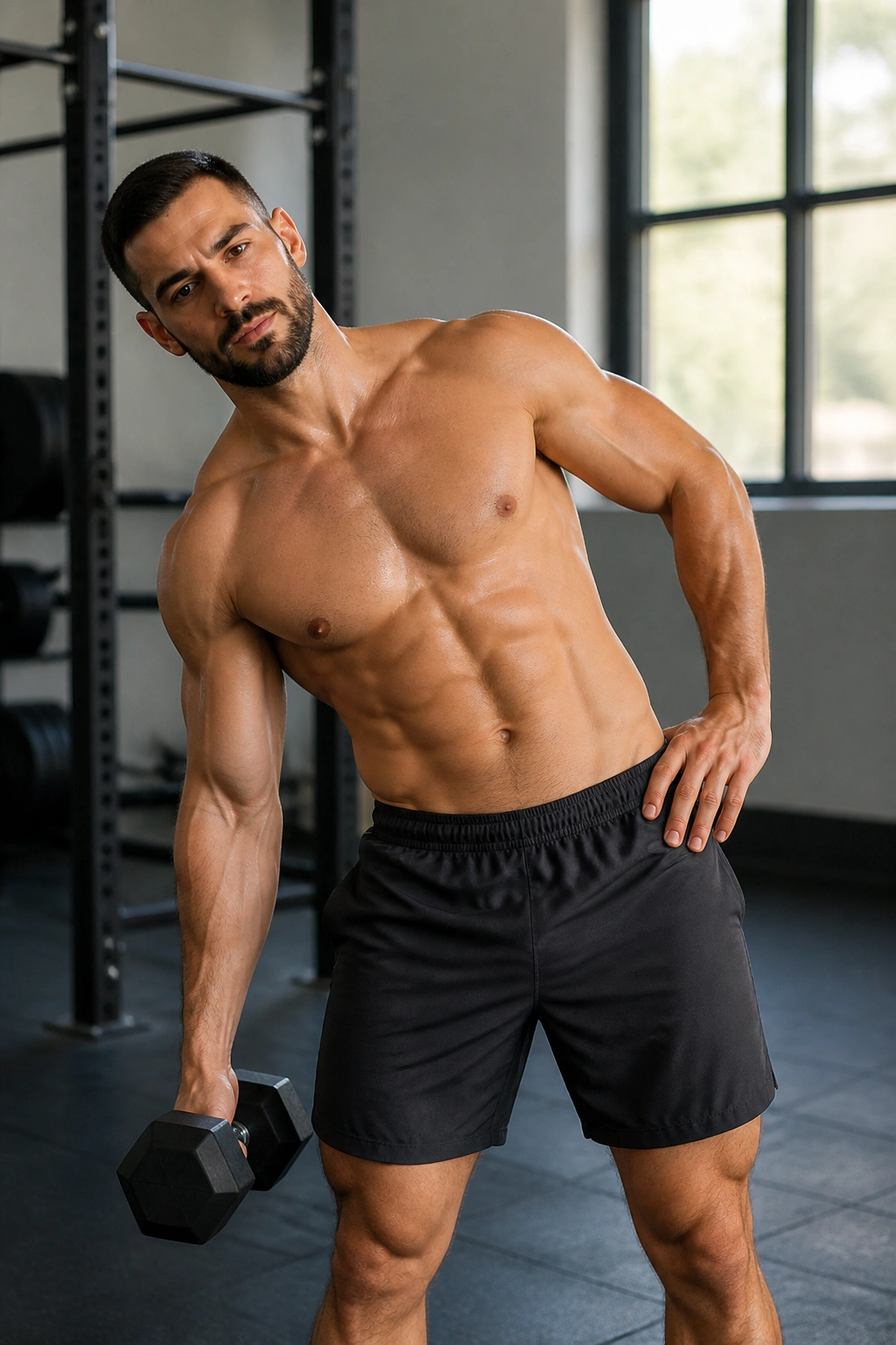 Close-up portrait of a person performing dumbbell side bend highlighting obliques