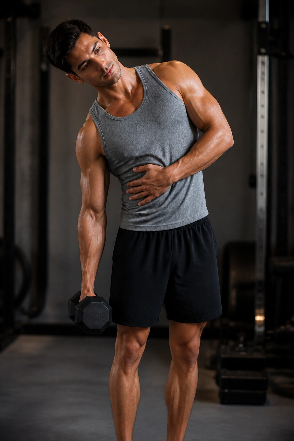 Profile view of a person performing a Dumbbell Side Bend in a gym, highlighting obliques