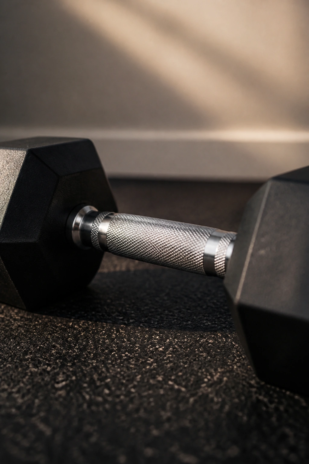 Close-up of a dumbbell in a small-space setting.