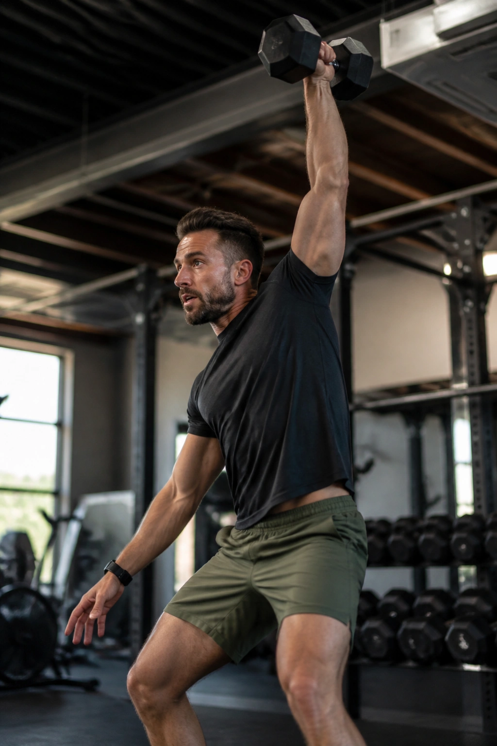 Close-up action shot of a lifter performing a dumbbell snatch in a gym