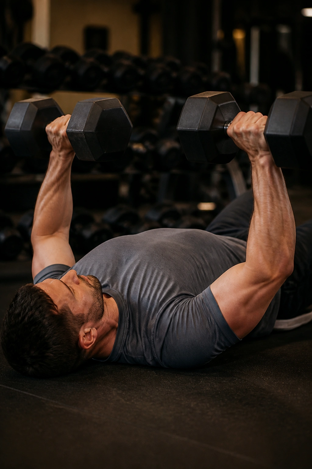 Close-up of a lifter performing a dumbbell floor press in a gym