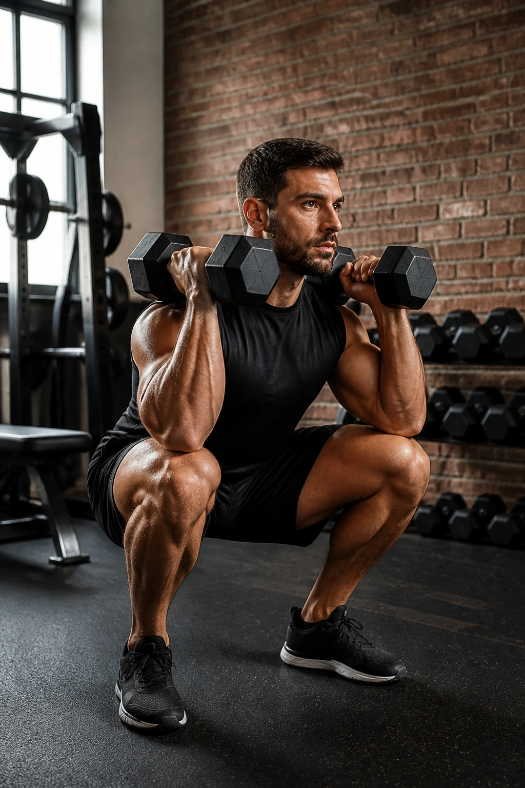 Athlete performing dumbbell squats in a tight gym corner