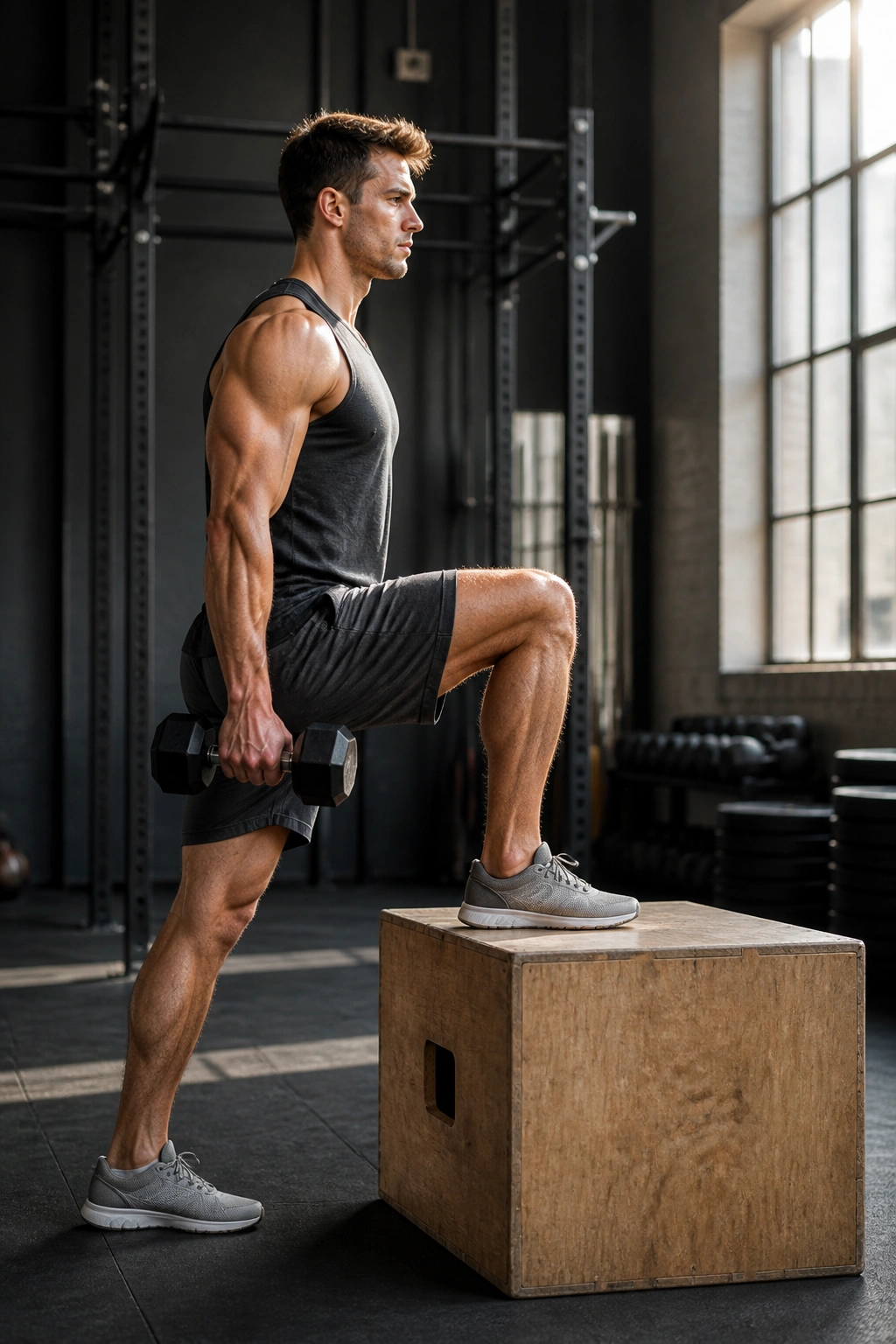 Side view of a person performing dumbbell step-ups onto a box in a gym.