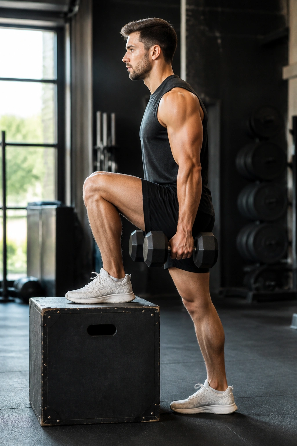 Athlete performing dumbbell step-ups onto a box in a gym