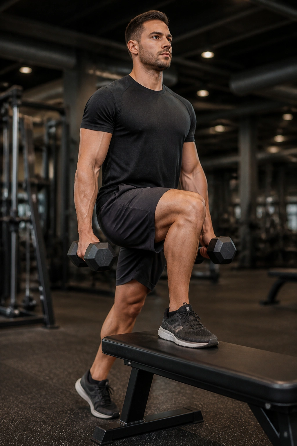 Medium close-up of a person performing dumbbell step-ups on a gym bench with dumbbells at sides.