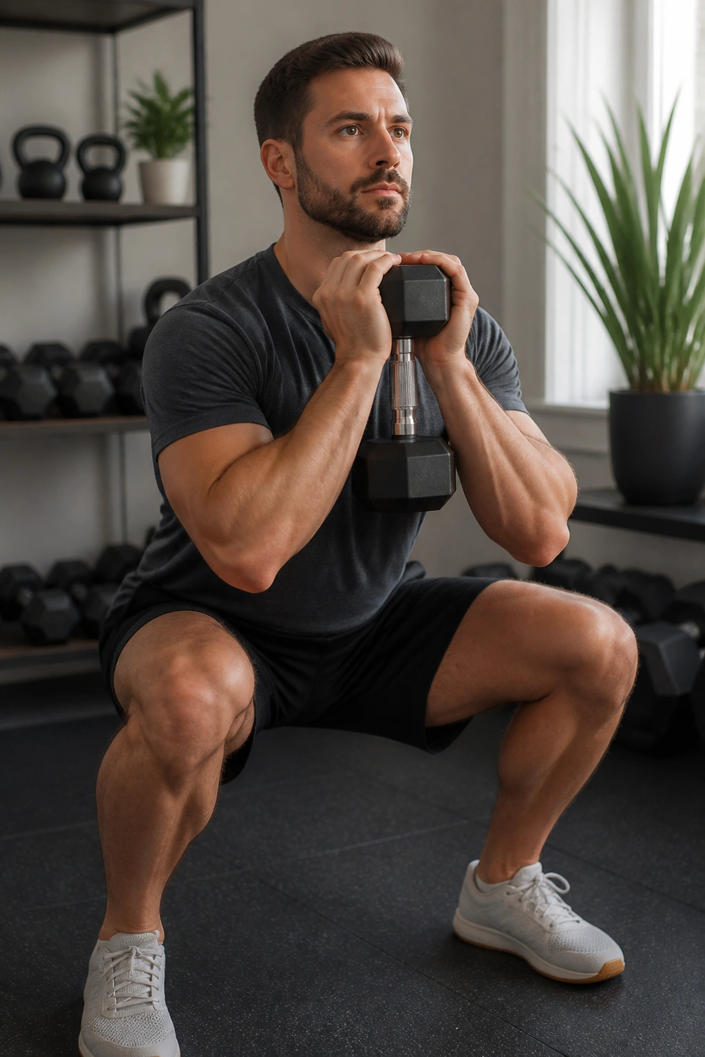 Medium close-up of a person performing a goblet squat with a dumbbell in a home gym
