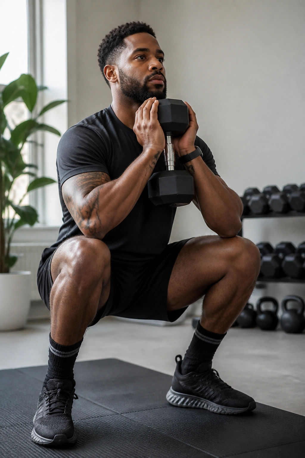 Person performing goblet squat with dumbbell in home gym