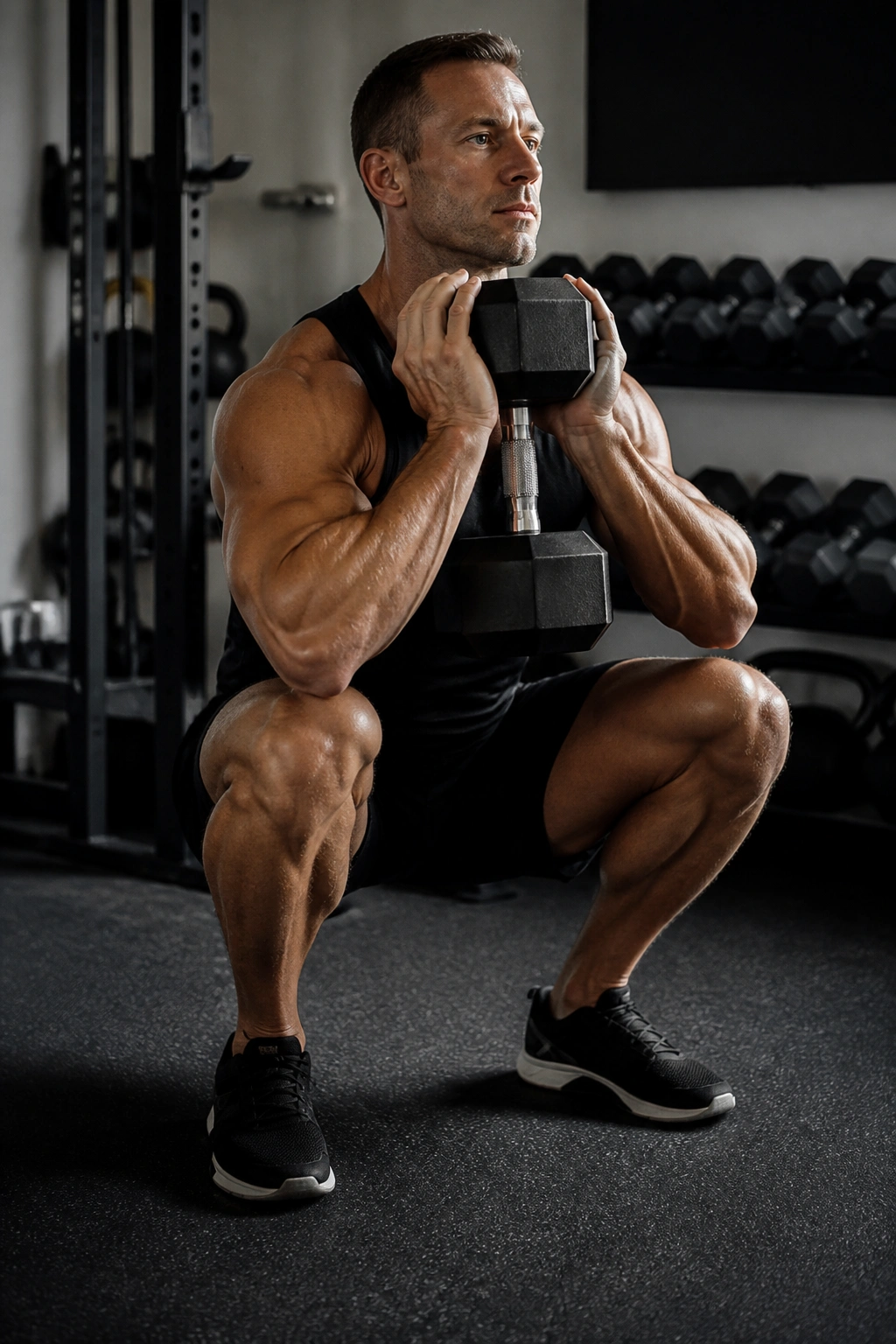 Close-up of a person performing a heavy goblet squat in a home gym