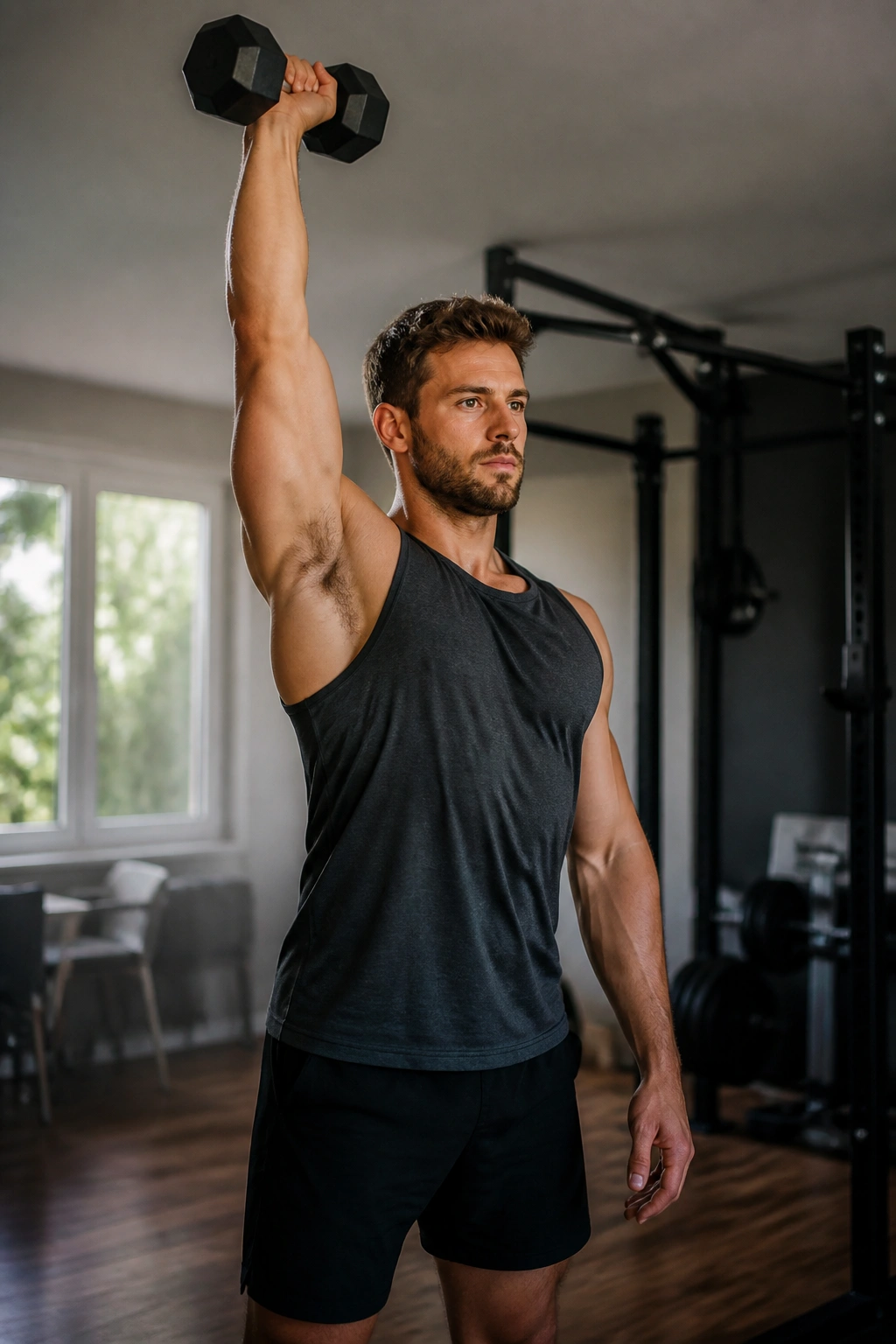 Close-up of a person overhead pressing a dumbbell in a home gym