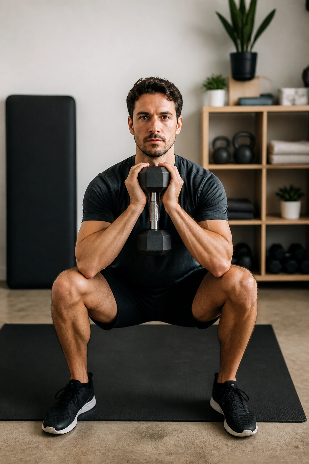 Real person doing goblet squat with dumbbell in a home gym corner
