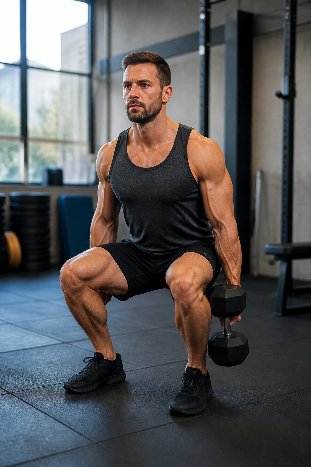 Lifter performing a suitcase squat with one dumbbell in a gym