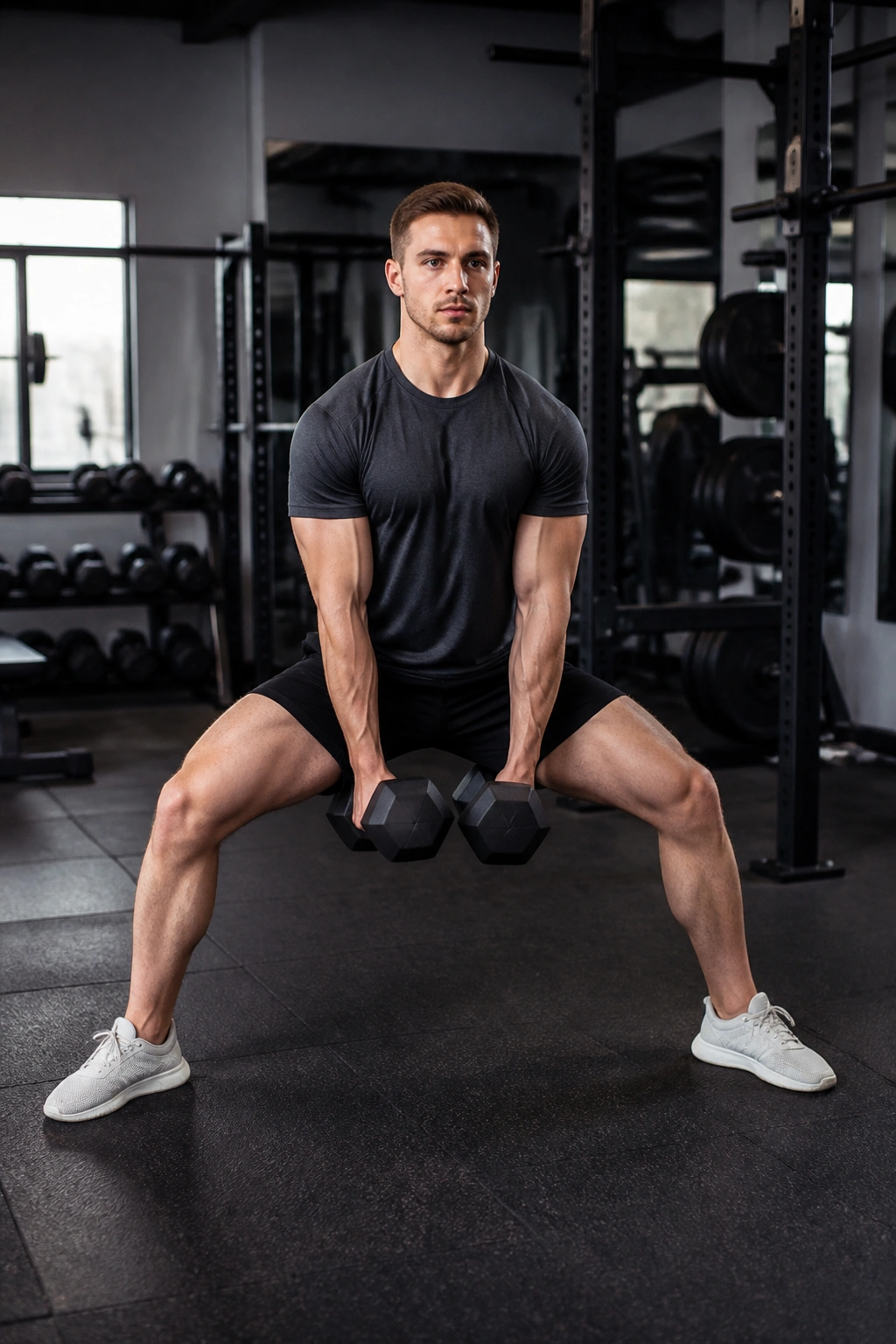 Person performing dumbbell sumo deadlift with wide stance in a gym.