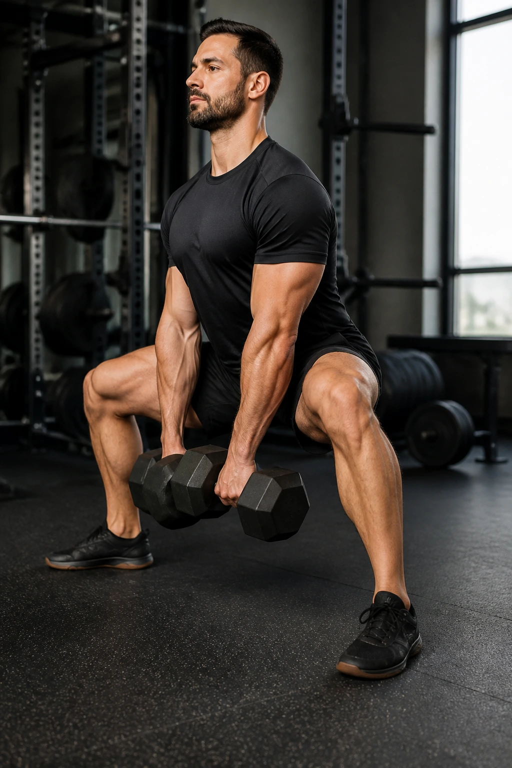 Side view of a person performing a dumbbell sumo deadlift in a gym